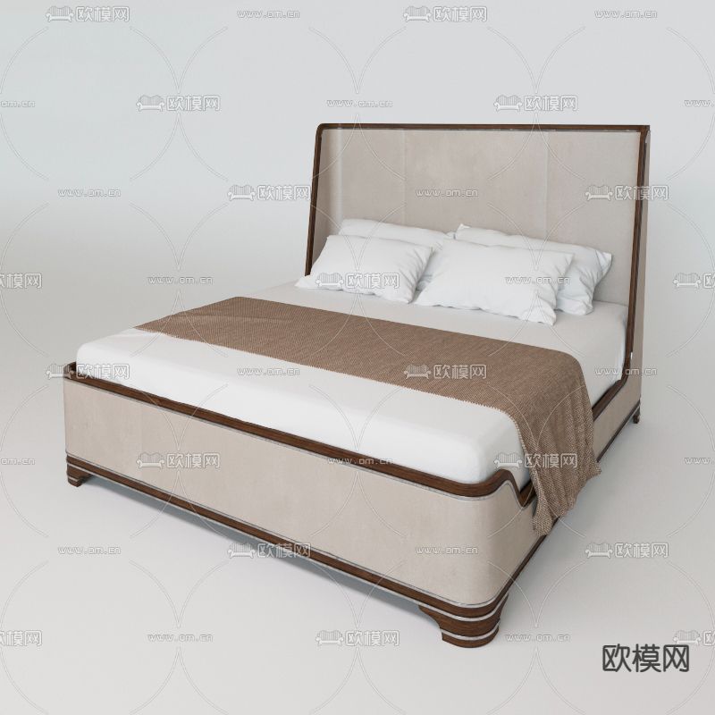 新中式轻奢实木布艺双人床免费3d模型下载