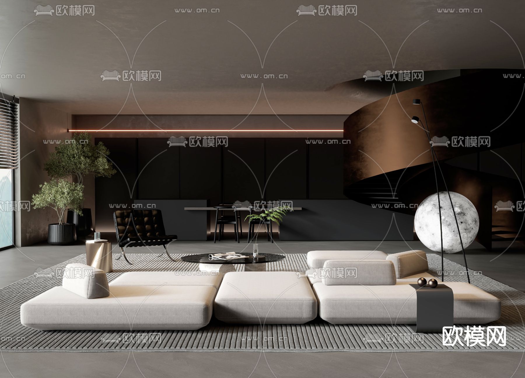 高级灰客厅3d模型下载