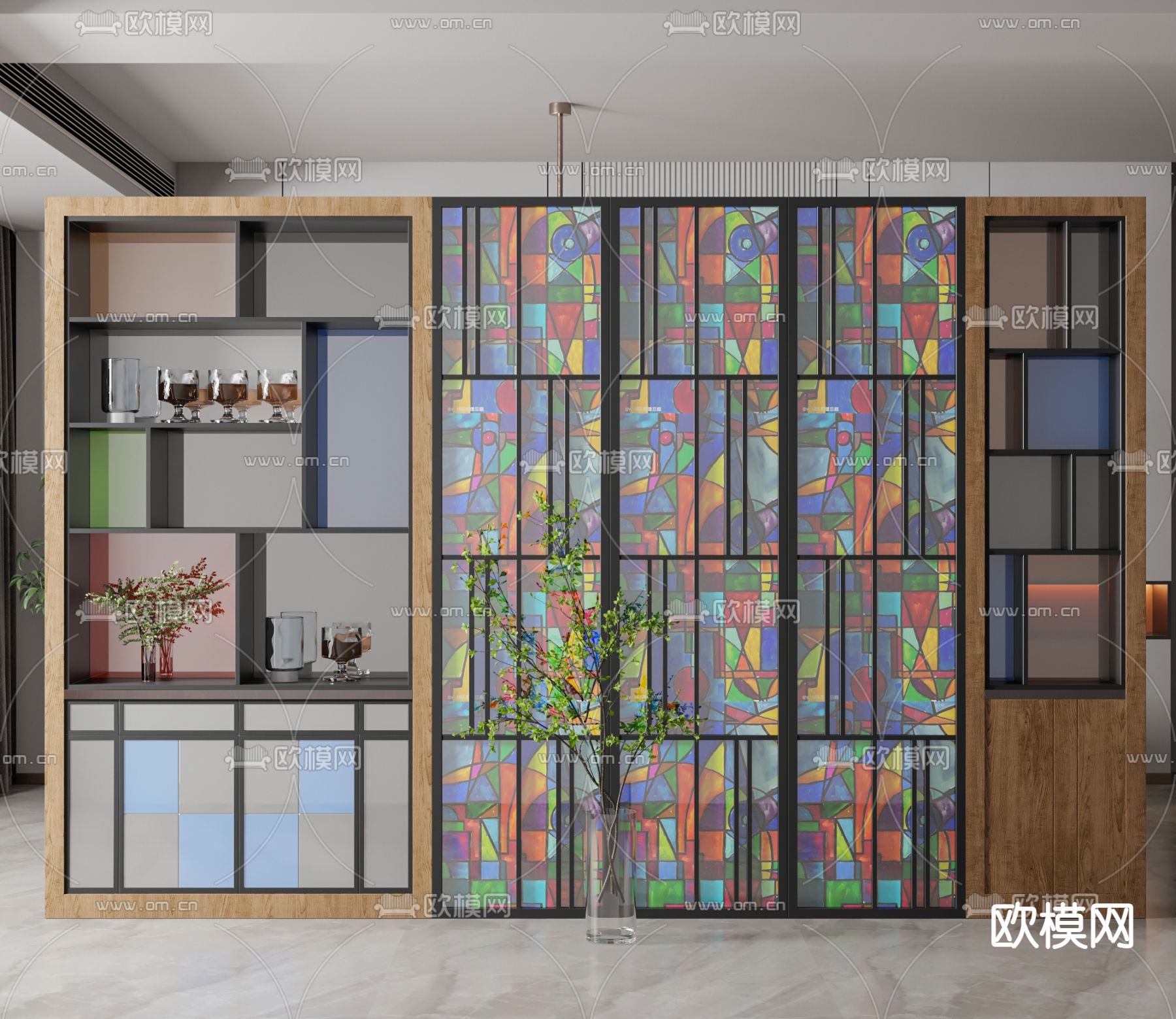 欧式彩色玻璃装饰柜 隔断su模型下载（渲染图1）