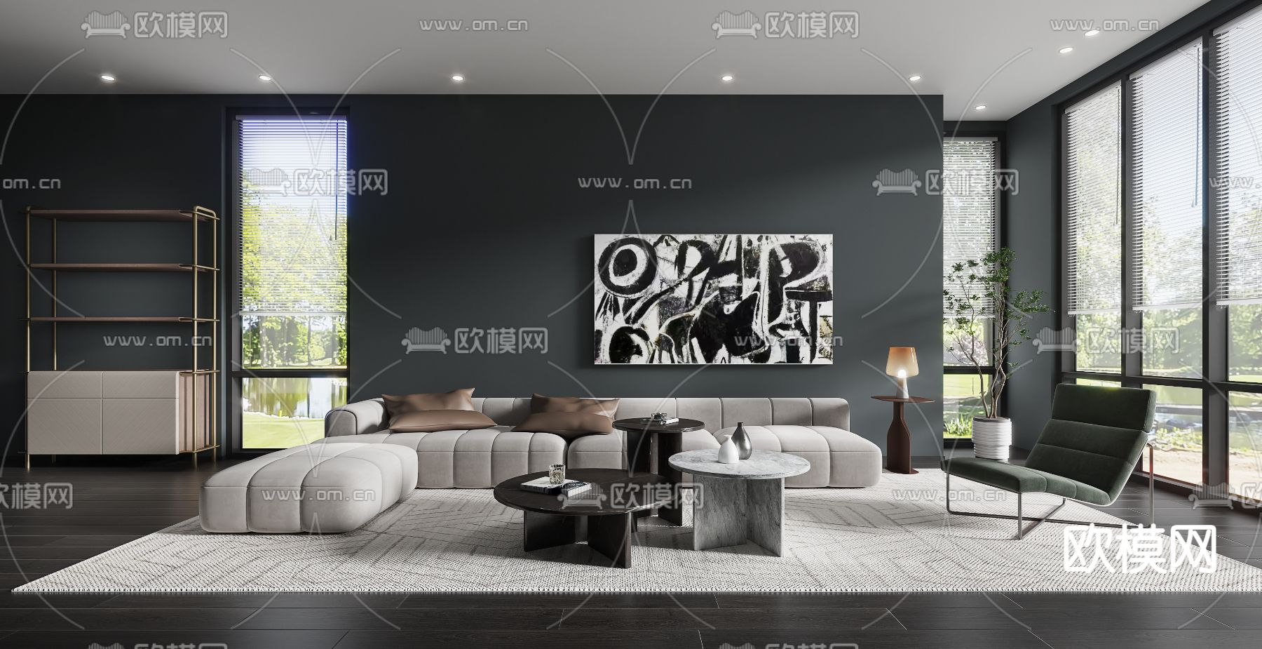 高级灰客厅3d模型下载