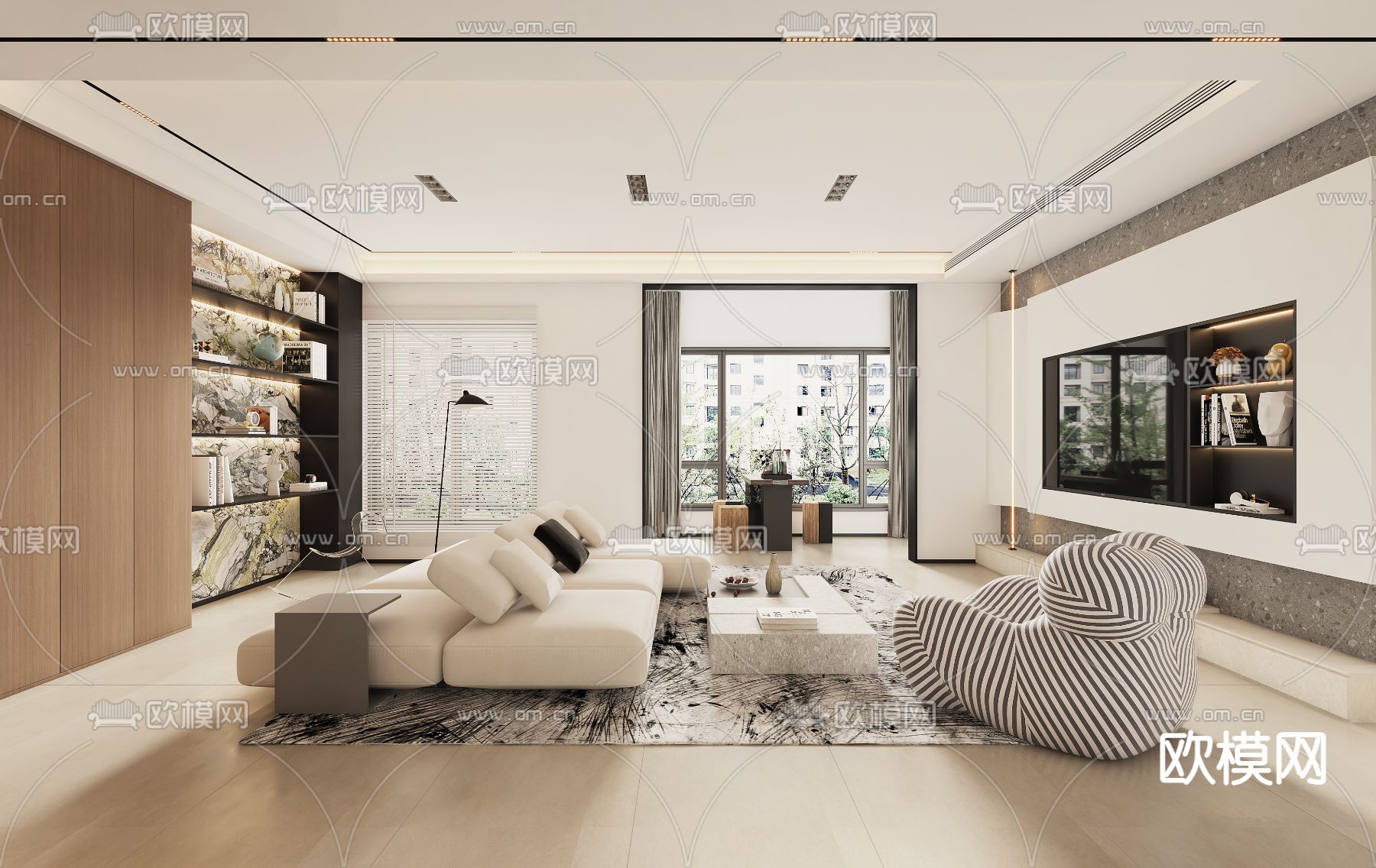 奶油风客厅餐厅3d模型下载（渲染图1）