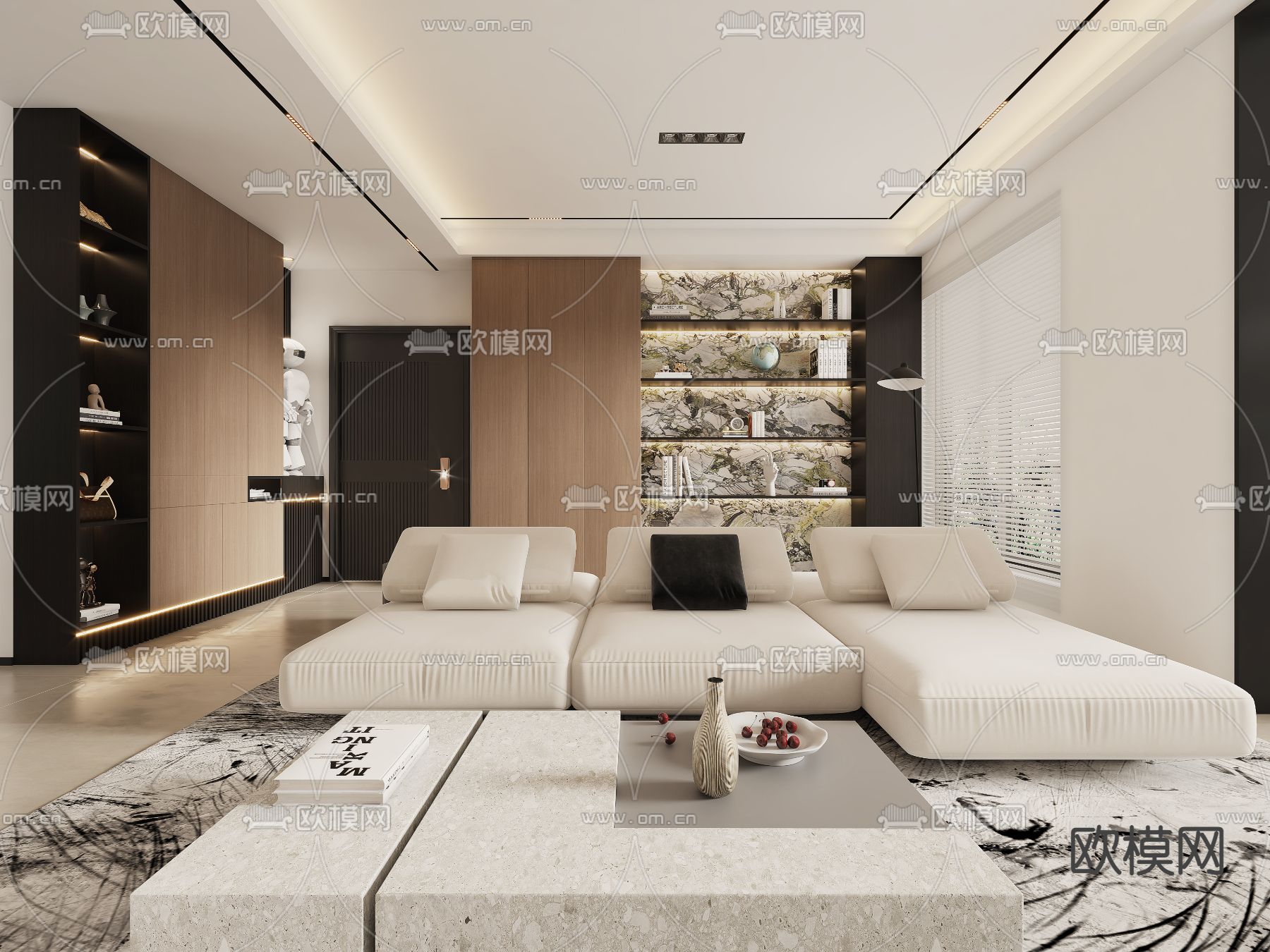 奶油风客厅餐厅3d模型下载（渲染图3）