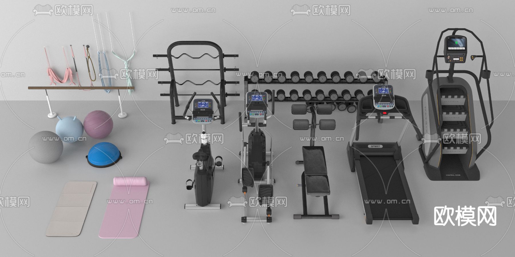 健身器材 瑜伽 哑铃 跑步机3d模型下载_ID12265822_3dmax免费模型-欧模网
