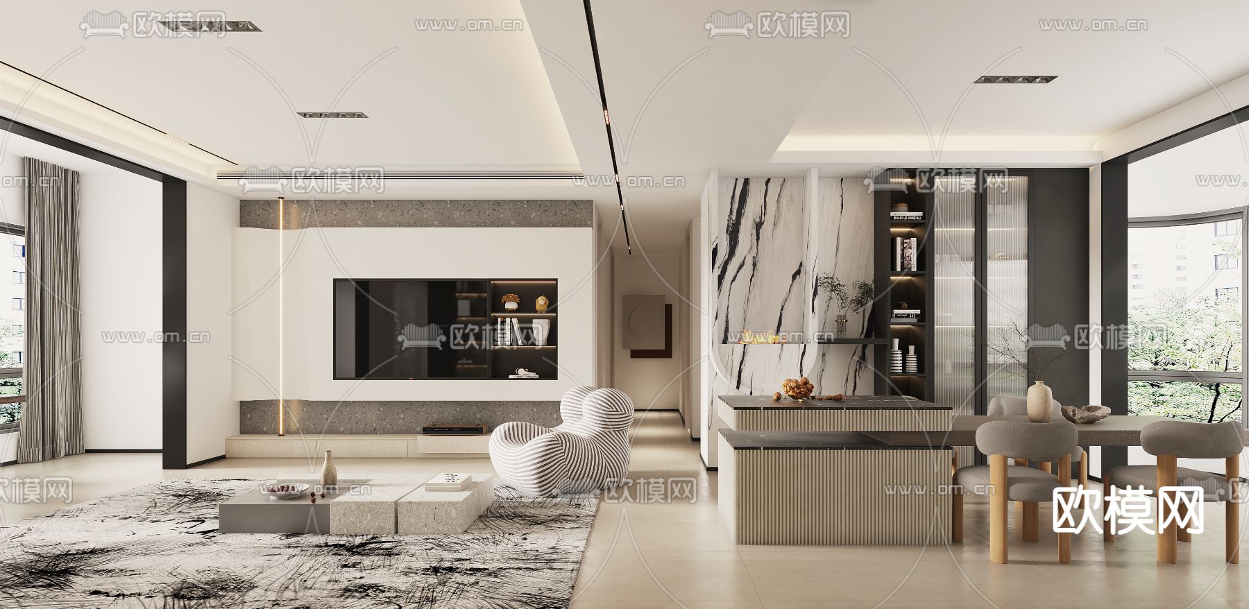 奶油风客厅餐厅3d模型下载（渲染图2）