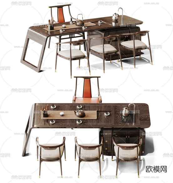 新中式茶桌椅3d模型下载(渲染图1)