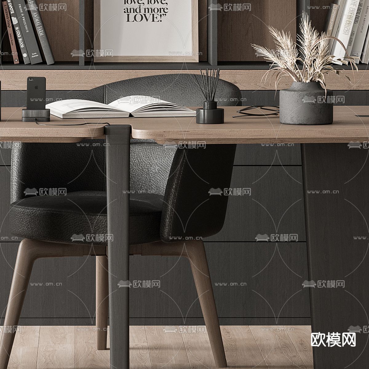 现代办公桌椅 书柜3d模型下载（渲染图5）