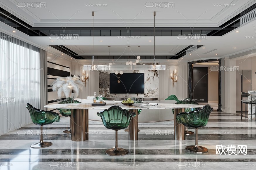 法式客厅 餐厅3d模型下载(渲染图7)