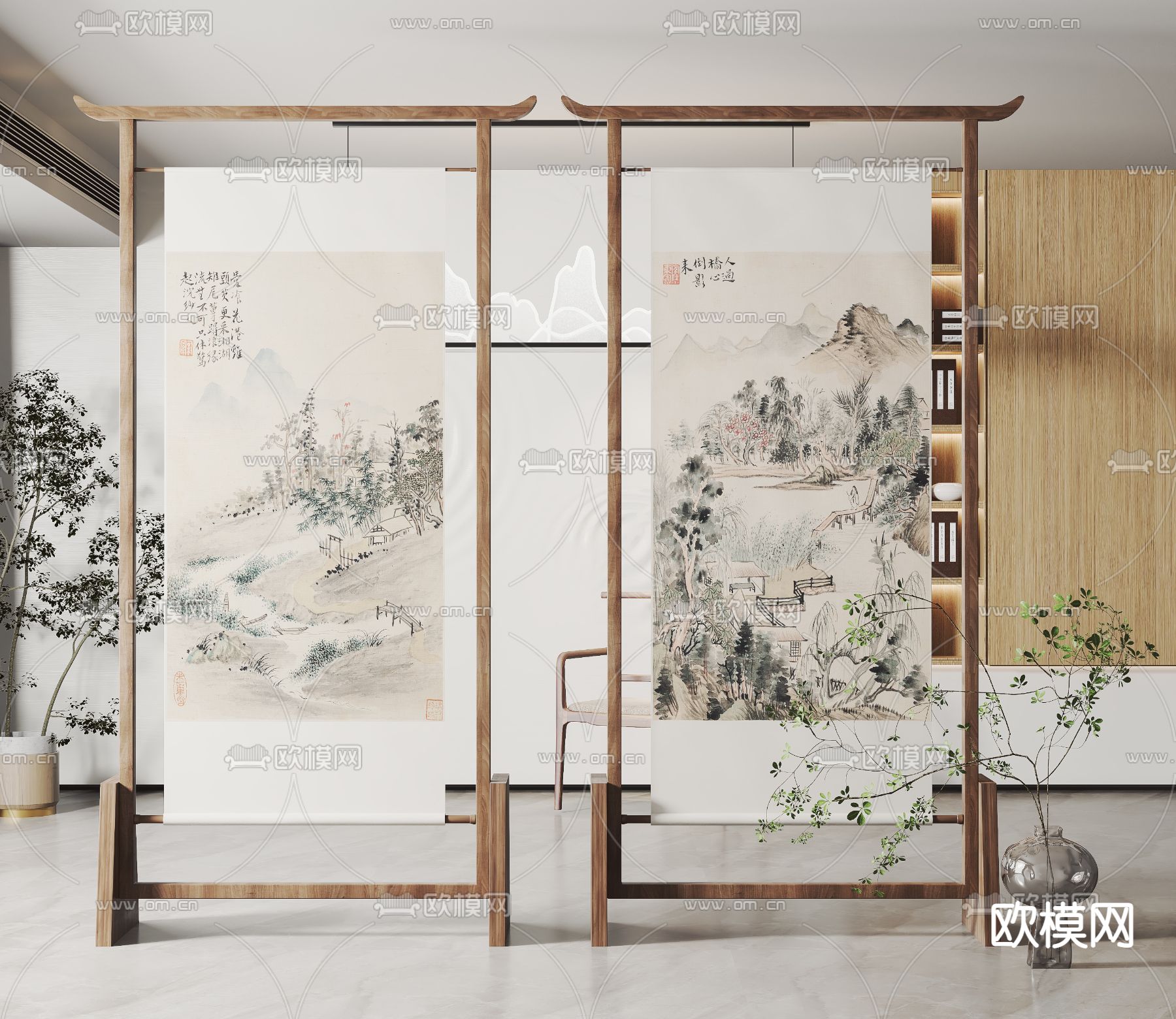 新中式国画屏风 隔断 插屏3d模型下载_ID12268386_3dmax免费模型-欧模网