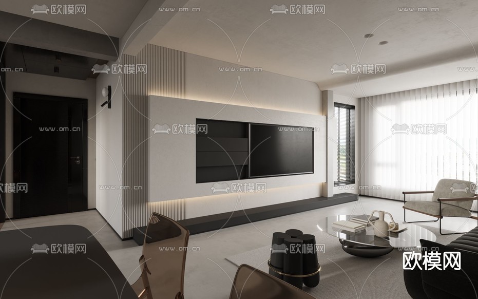 高级灰客厅 餐厅3d模型下载(渲染图4)