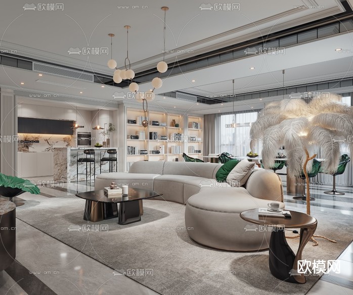 法式客厅 餐厅3d模型下载(渲染图4)