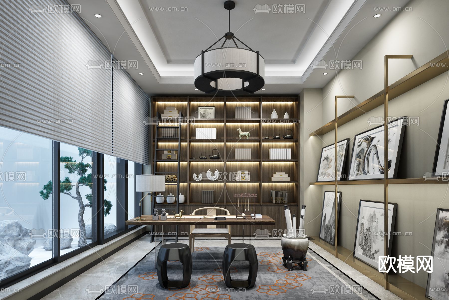 金秋软装设计 新中式书房su模型下载