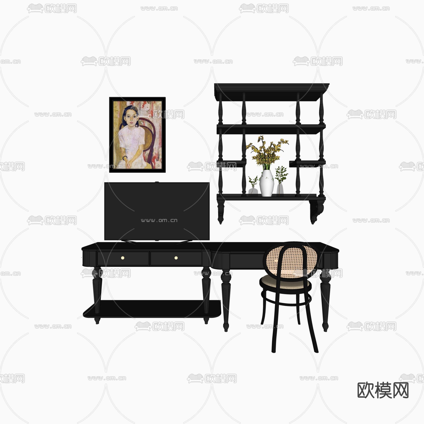 中古风梳妆台 化妆台su模型下载（渲染图1）