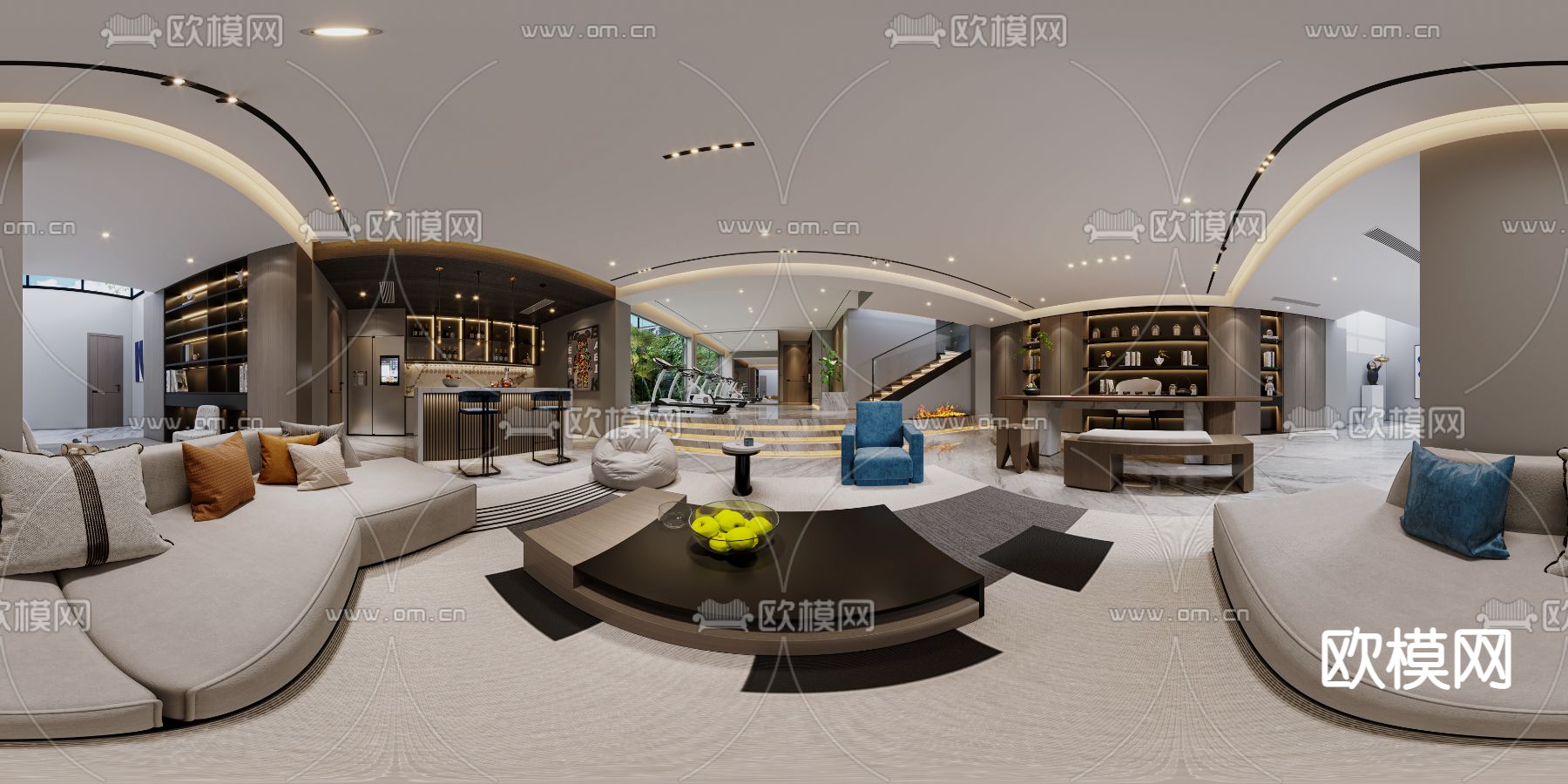 现代别墅地下室 娱乐区cr全景3d模型