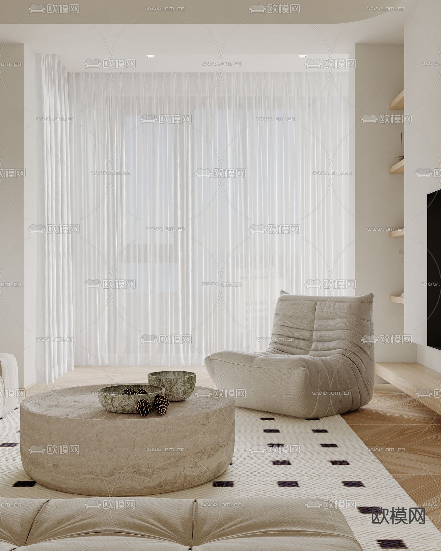 奶油风客厅 餐厅3d模型下载（渲染图4）