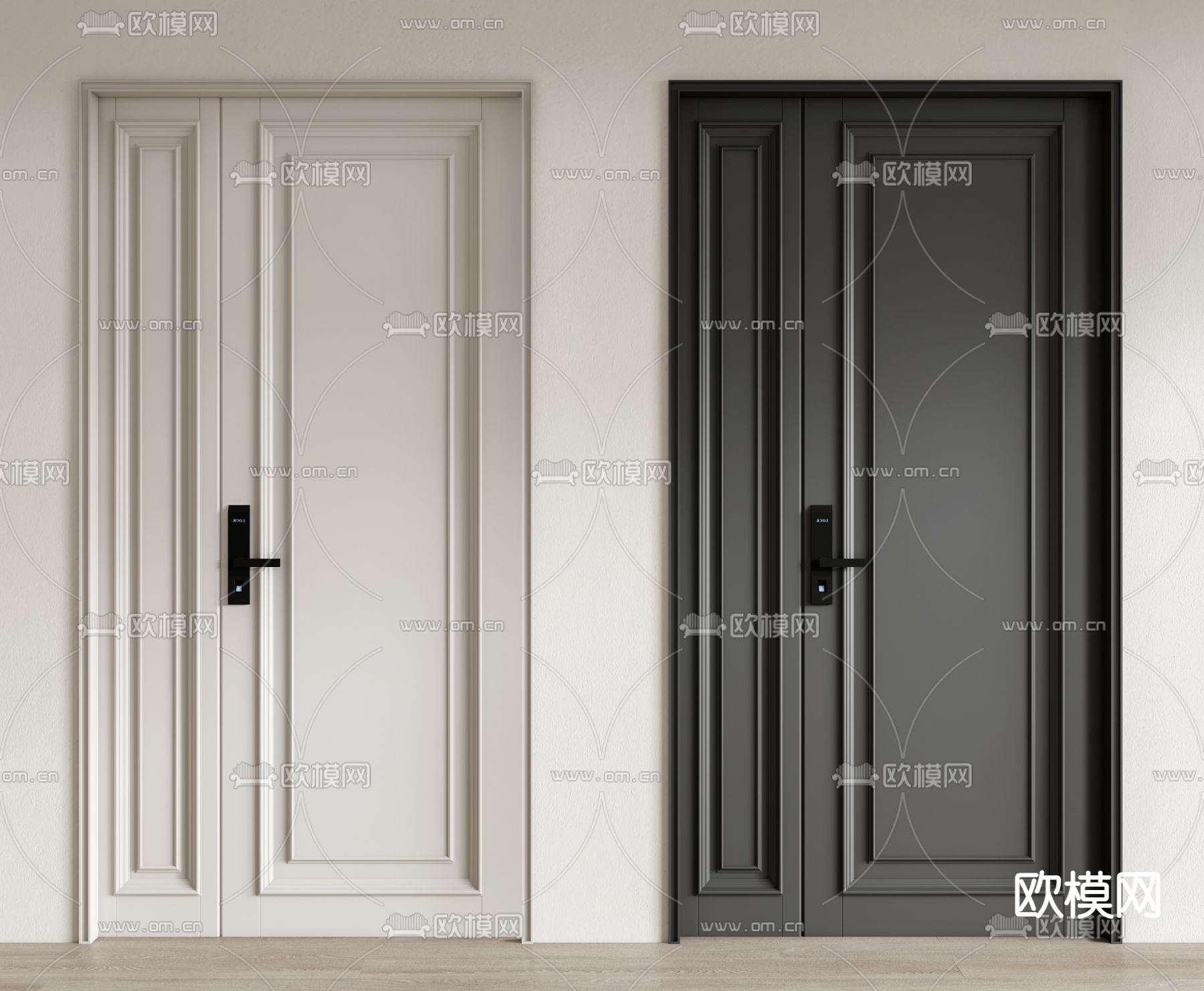 奶油风入户门 子母门 防盗门su模型下载（渲染图1）