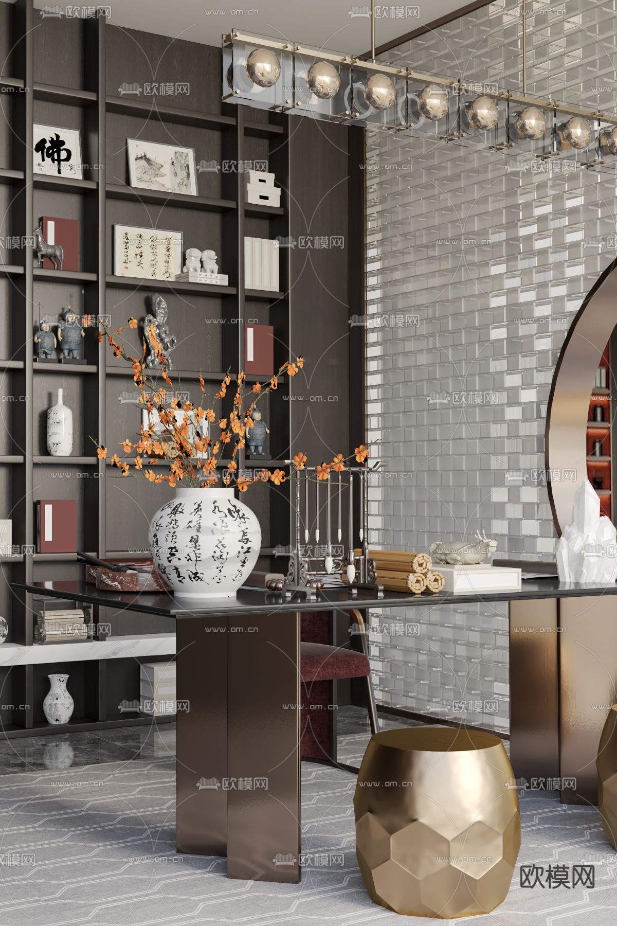 宇一设计 新中式书房su模型下载