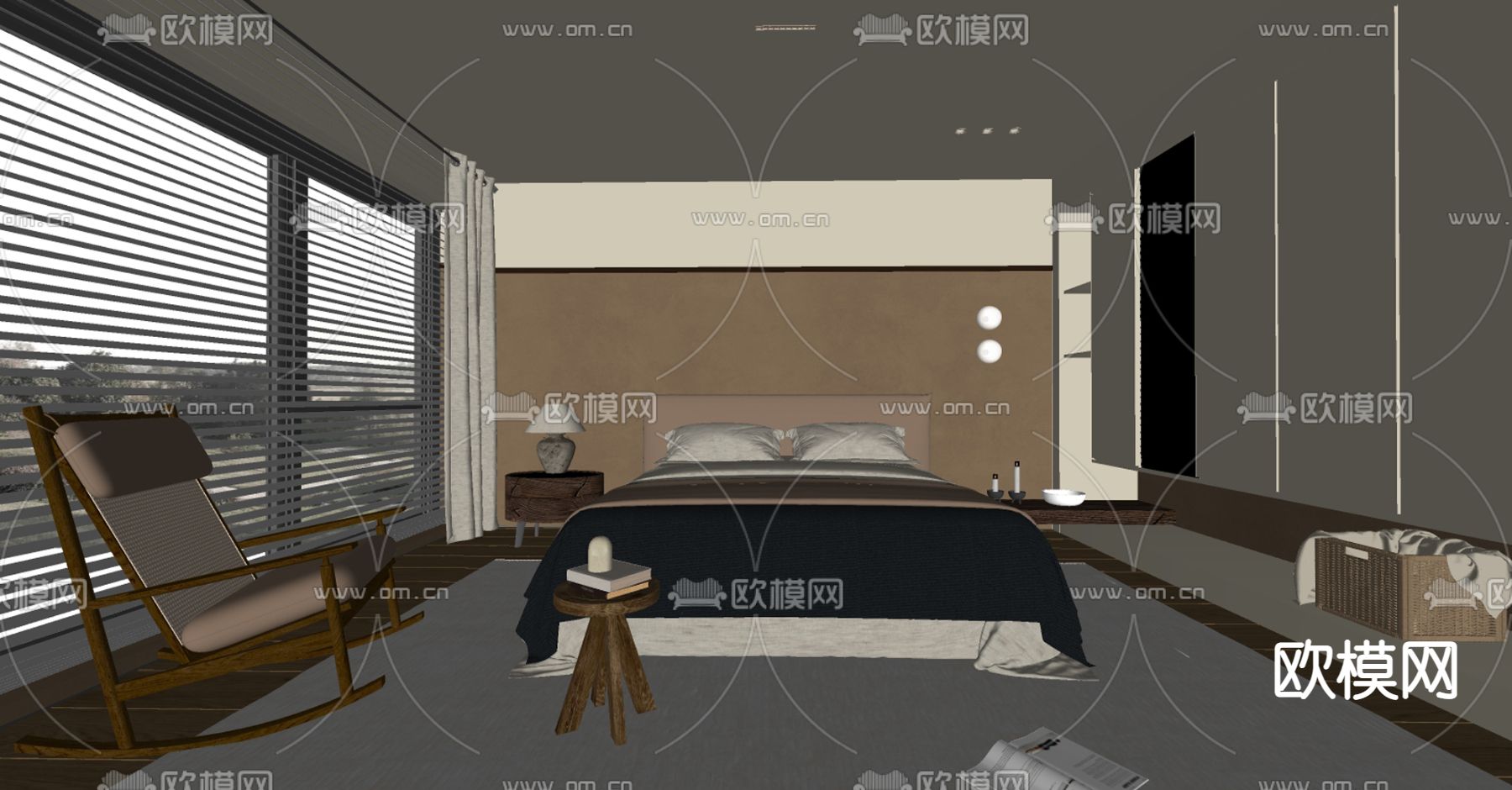 侘寂风卧室 主人房su模型下载（渲染图2）