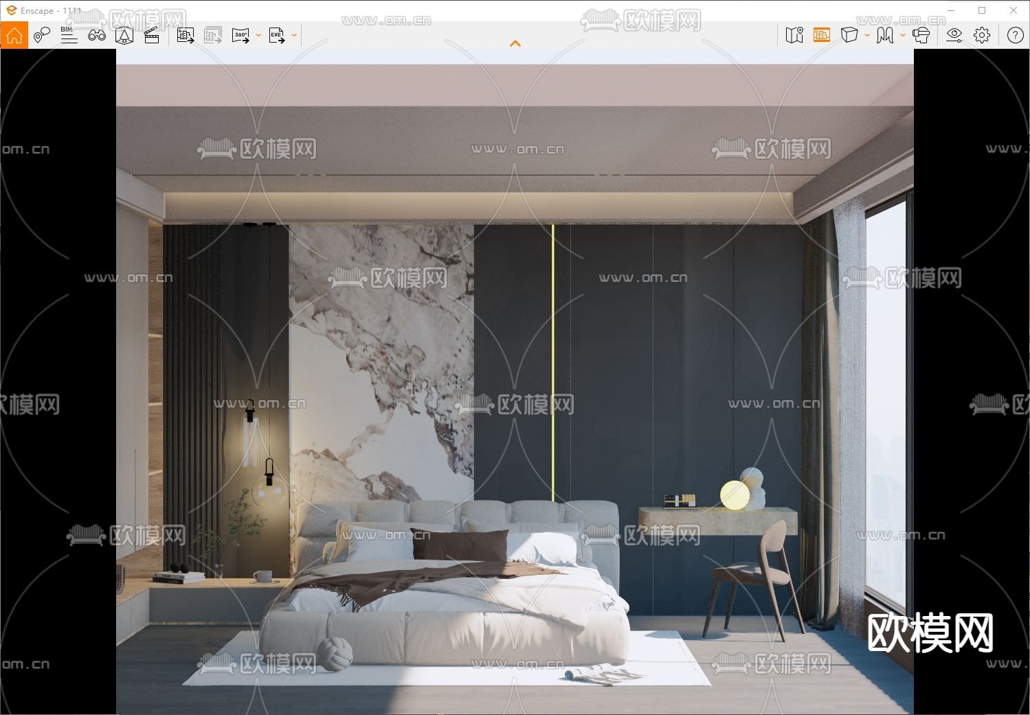 暗黑风卧室主人房su模型下载（渲染图3）