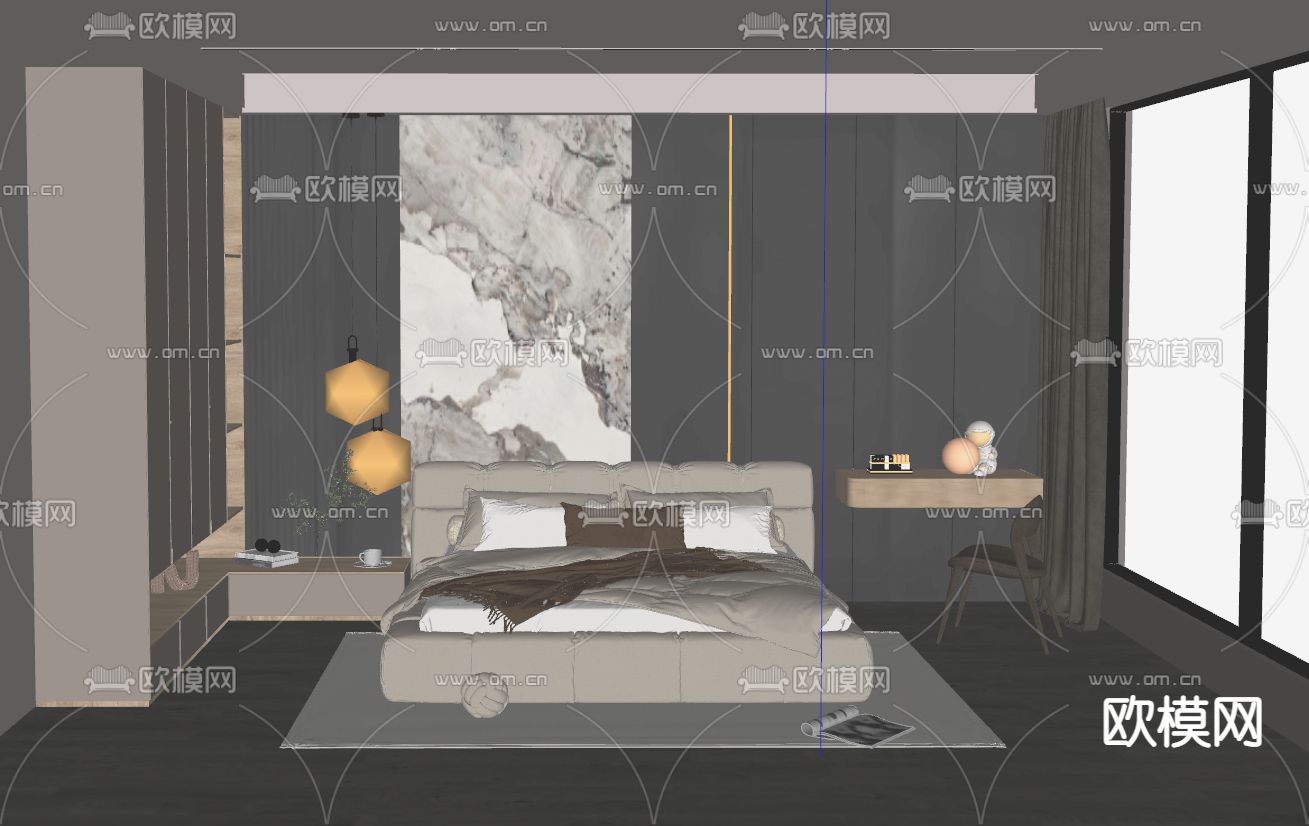 暗黑风卧室主人房su模型下载（渲染图4）