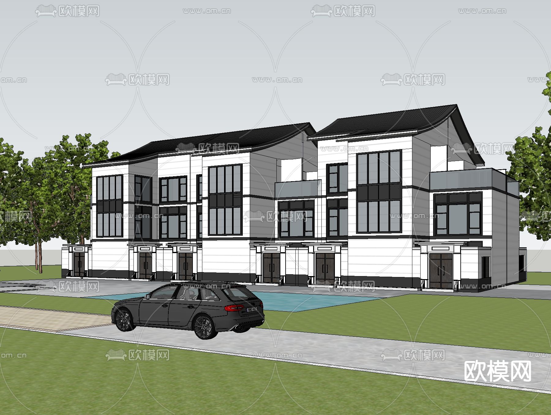 新中式联排别墅外观su模型下载（渲染图3）