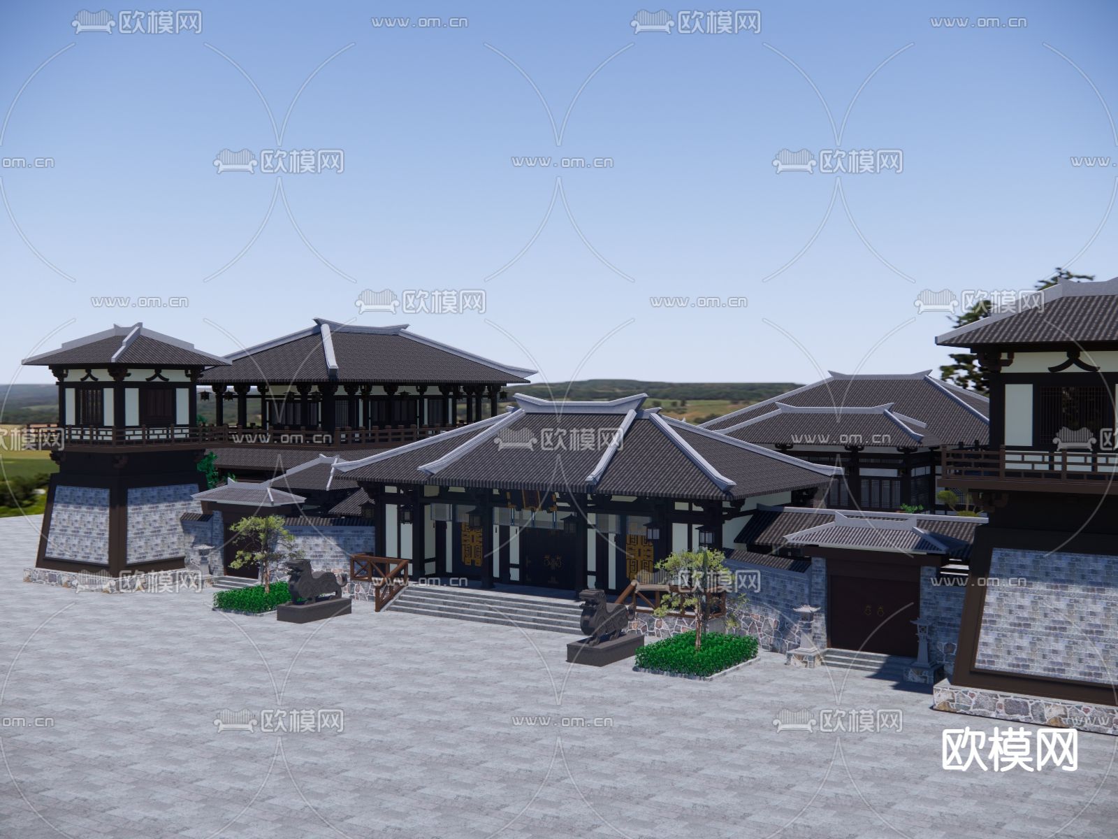 中式古建外观su模型下载（渲染图1）