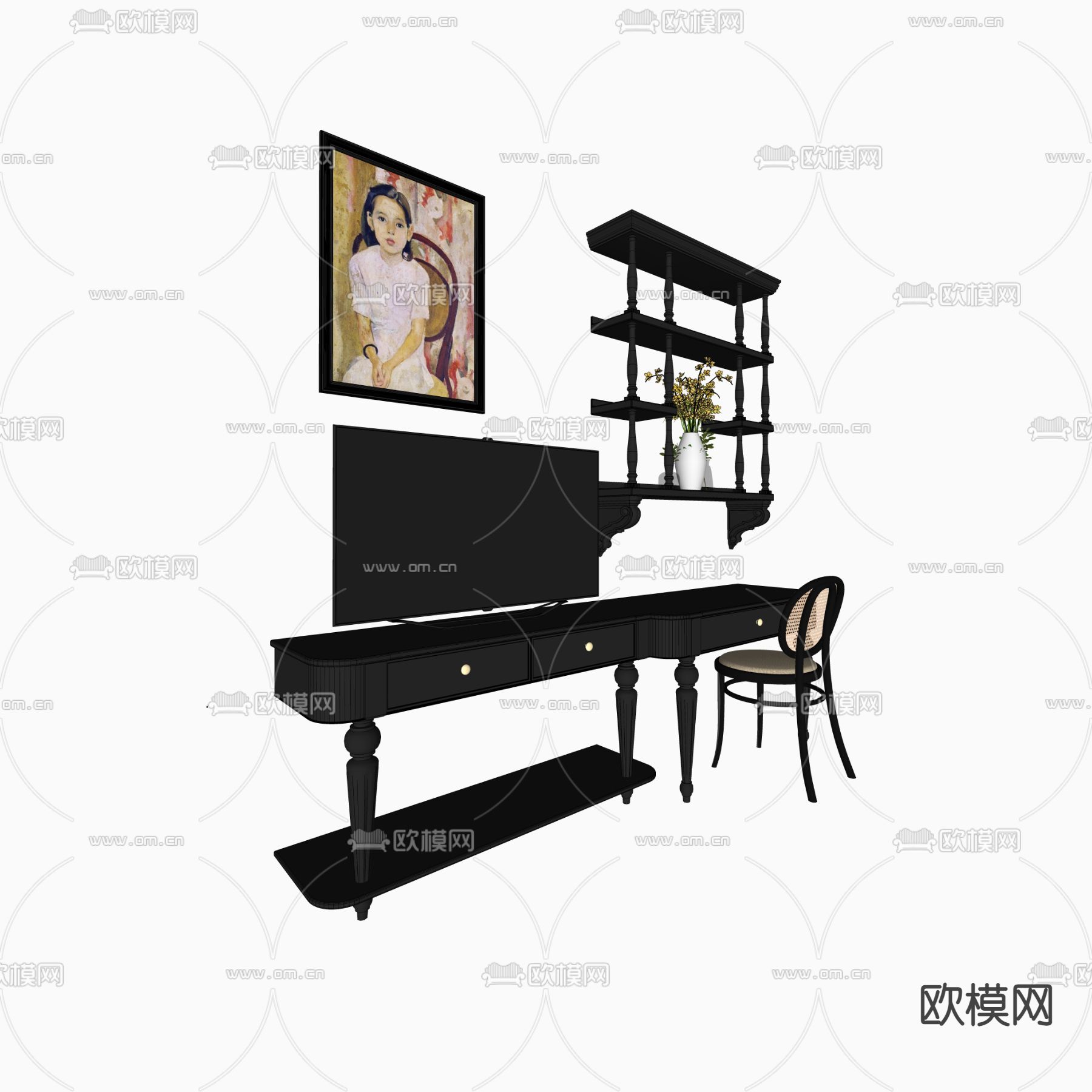 中古风梳妆台 化妆台su模型下载（渲染图2）