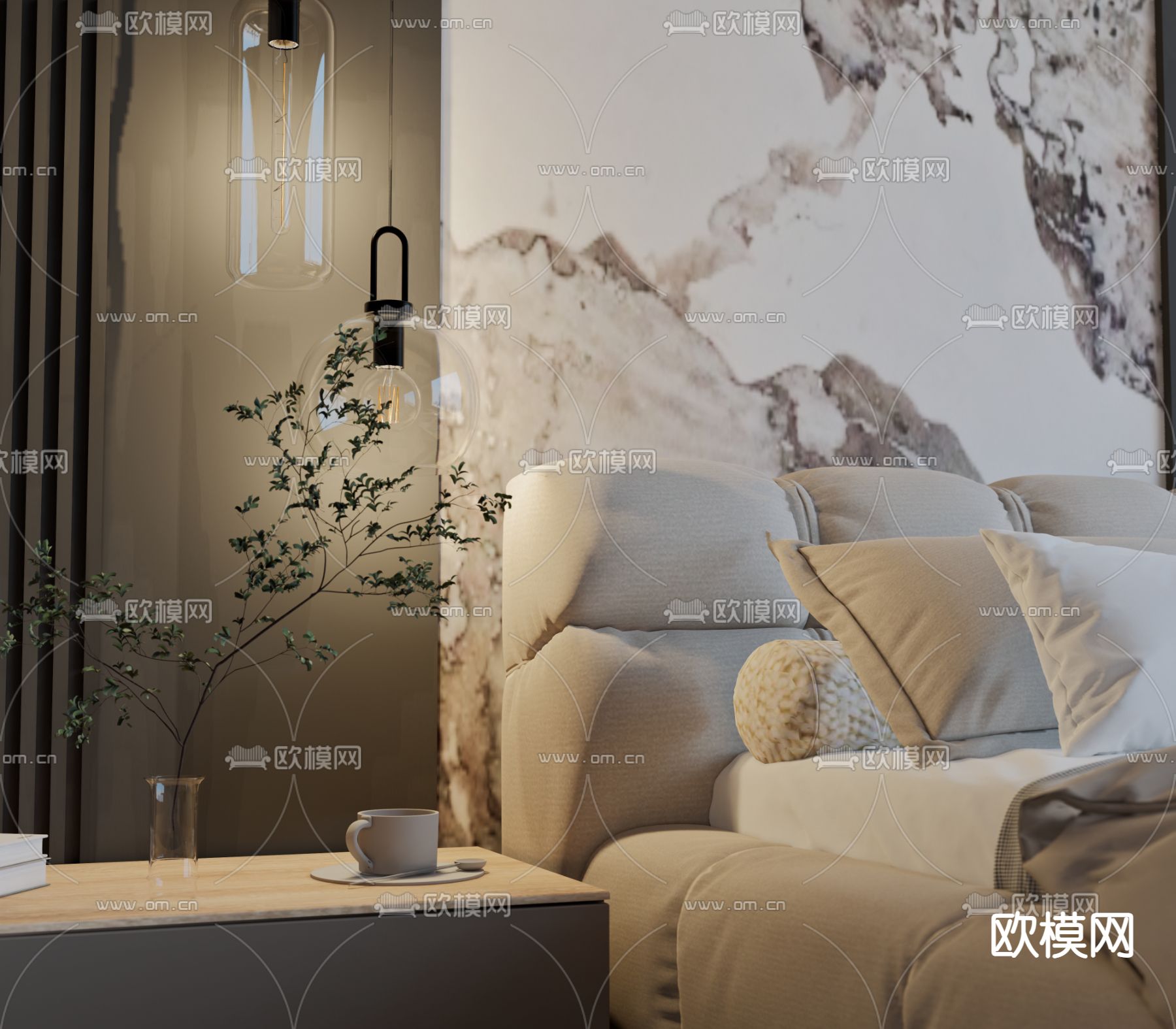 暗黑风卧室主人房su模型下载（渲染图2）