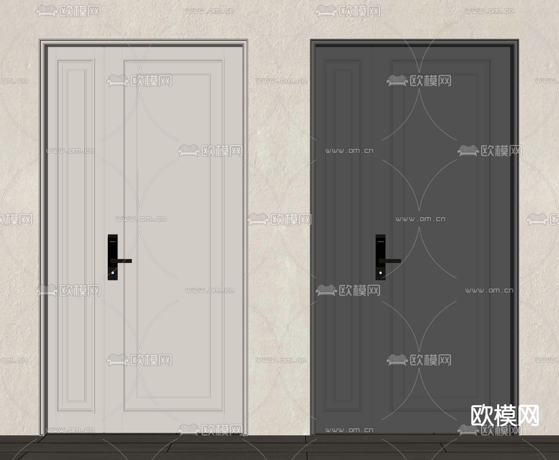 奶油风入户门 子母门 防盗门su模型下载（渲染图2）