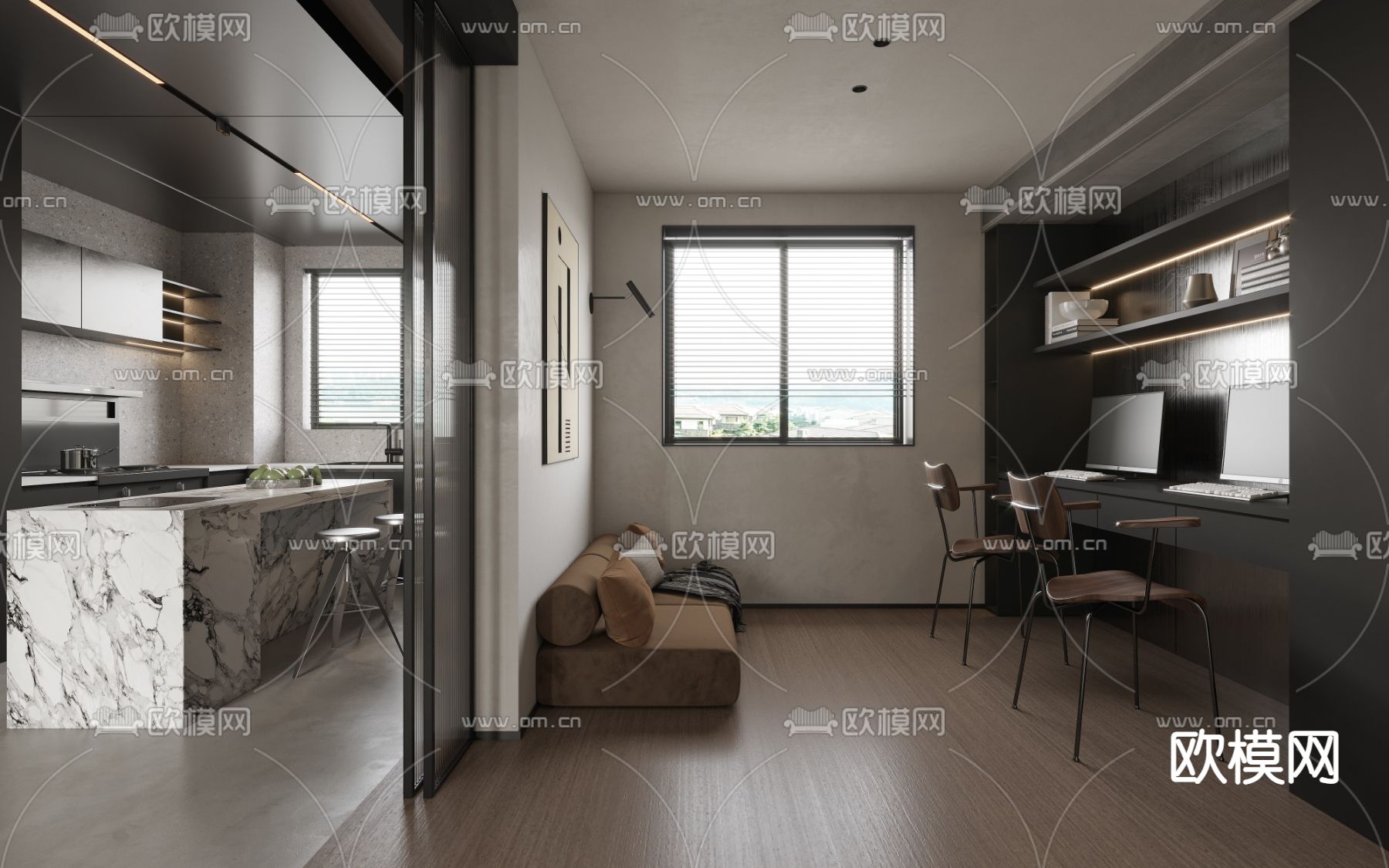 暗黑风客厅3d模型下载（渲染图2）