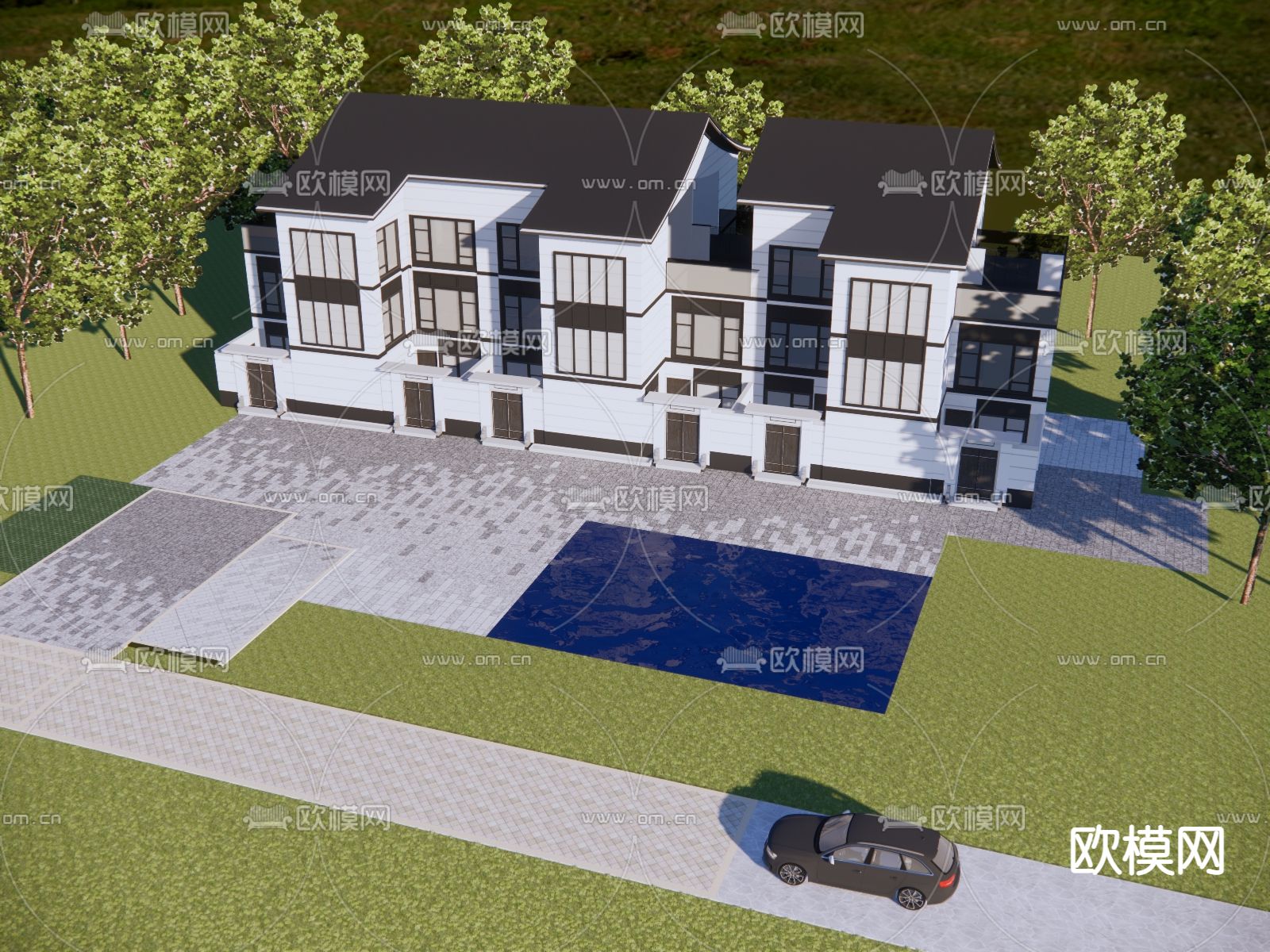 新中式联排别墅外观su模型下载（渲染图2）