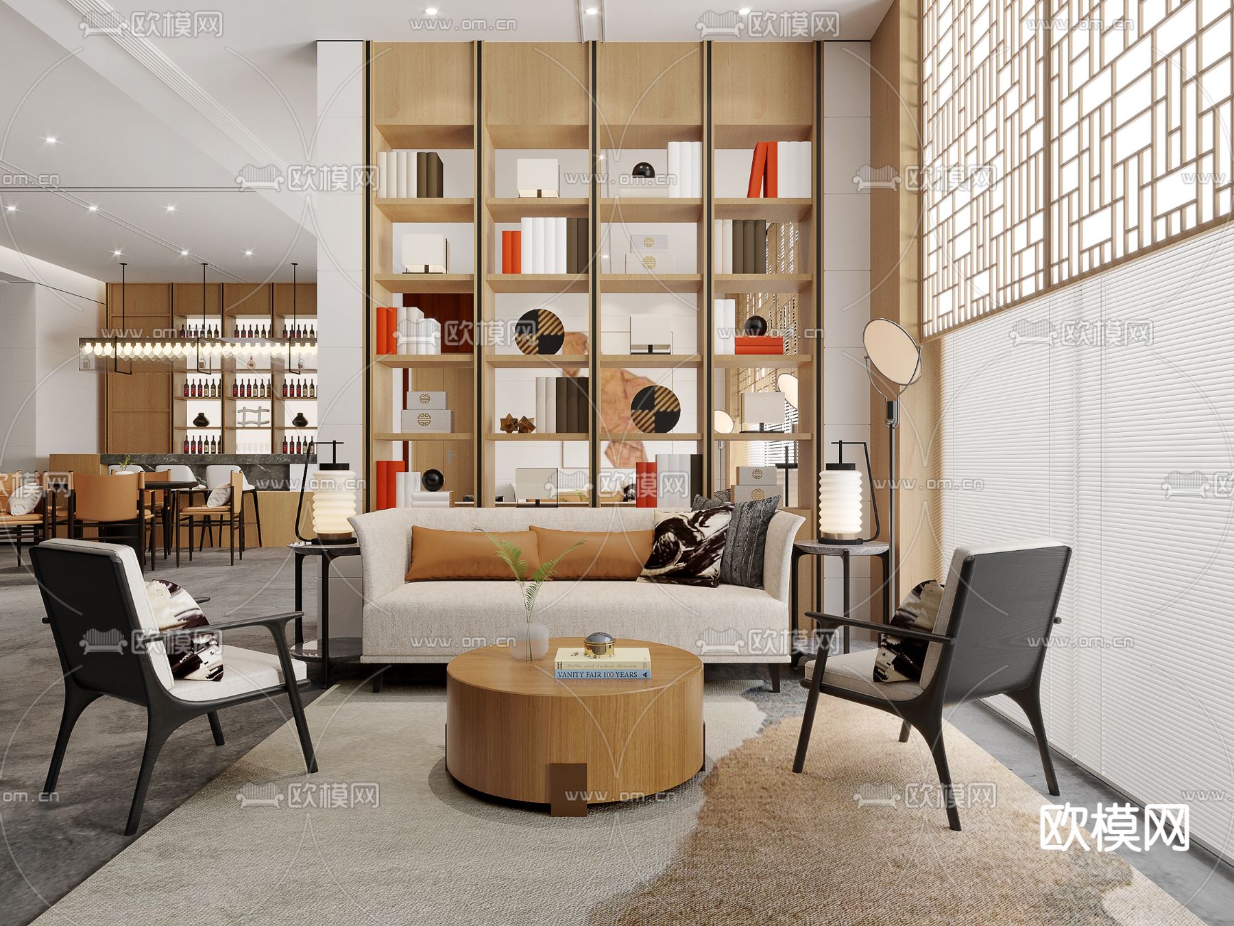 矩阵纵横设计 新中式布艺休闲沙发组合su模型下载