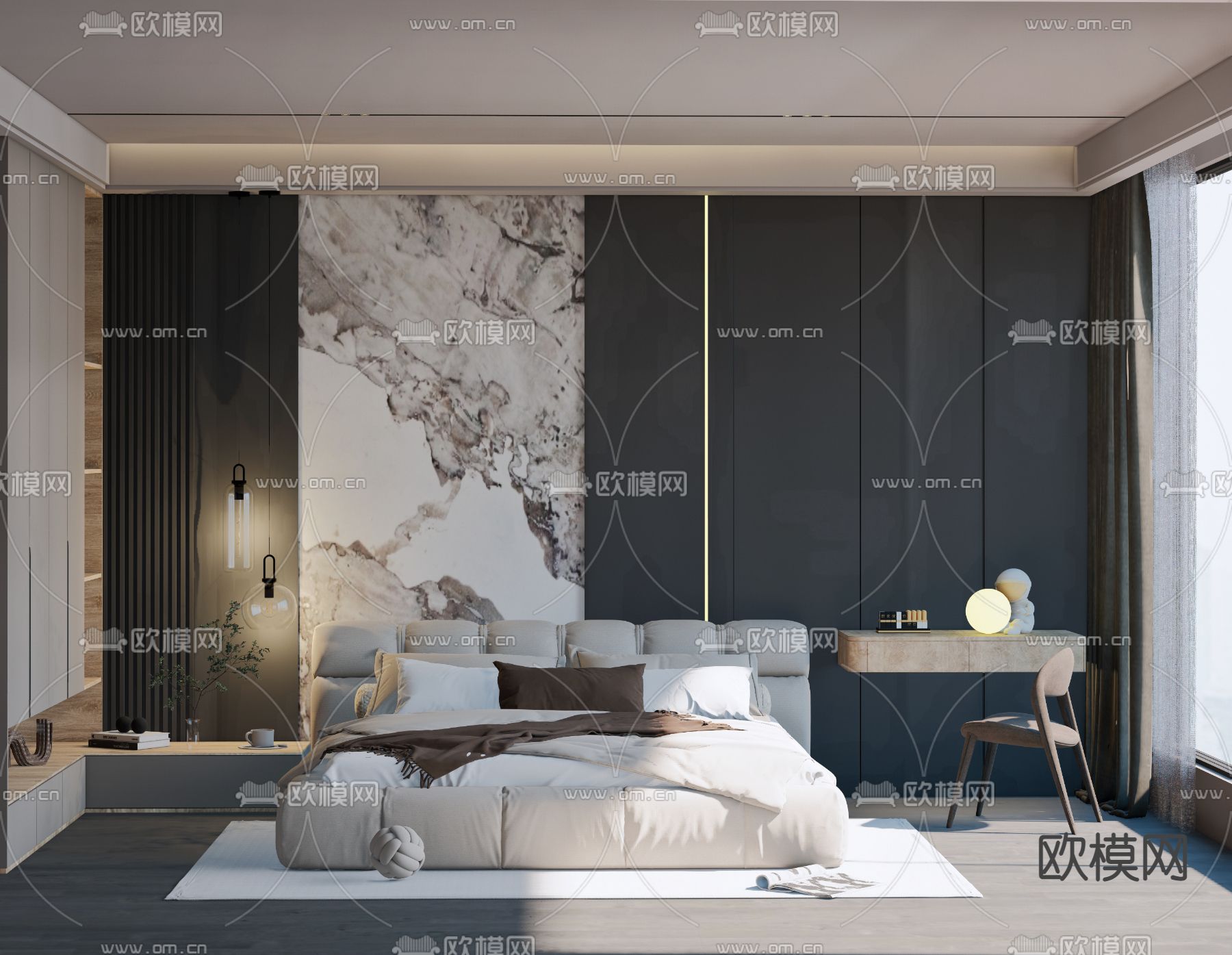 暗黑风卧室主人房su模型下载（渲染图1）