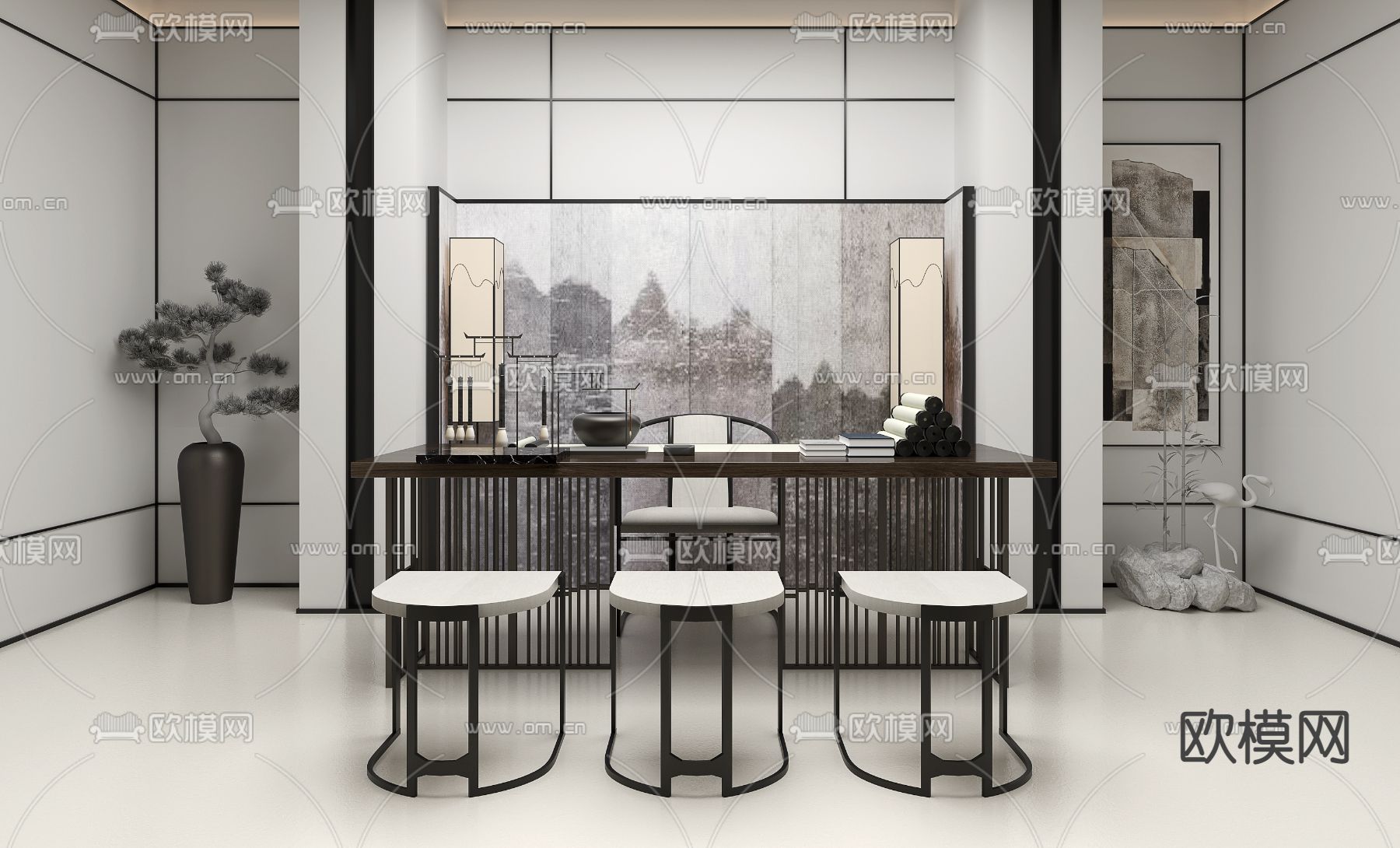 HWCD设计 新中式书房su模型下载