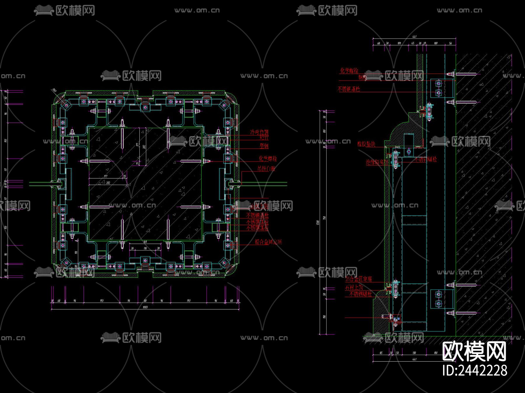 现代 花岗岩柱子 各种线脚干挂节点大样下载（渲染图2）