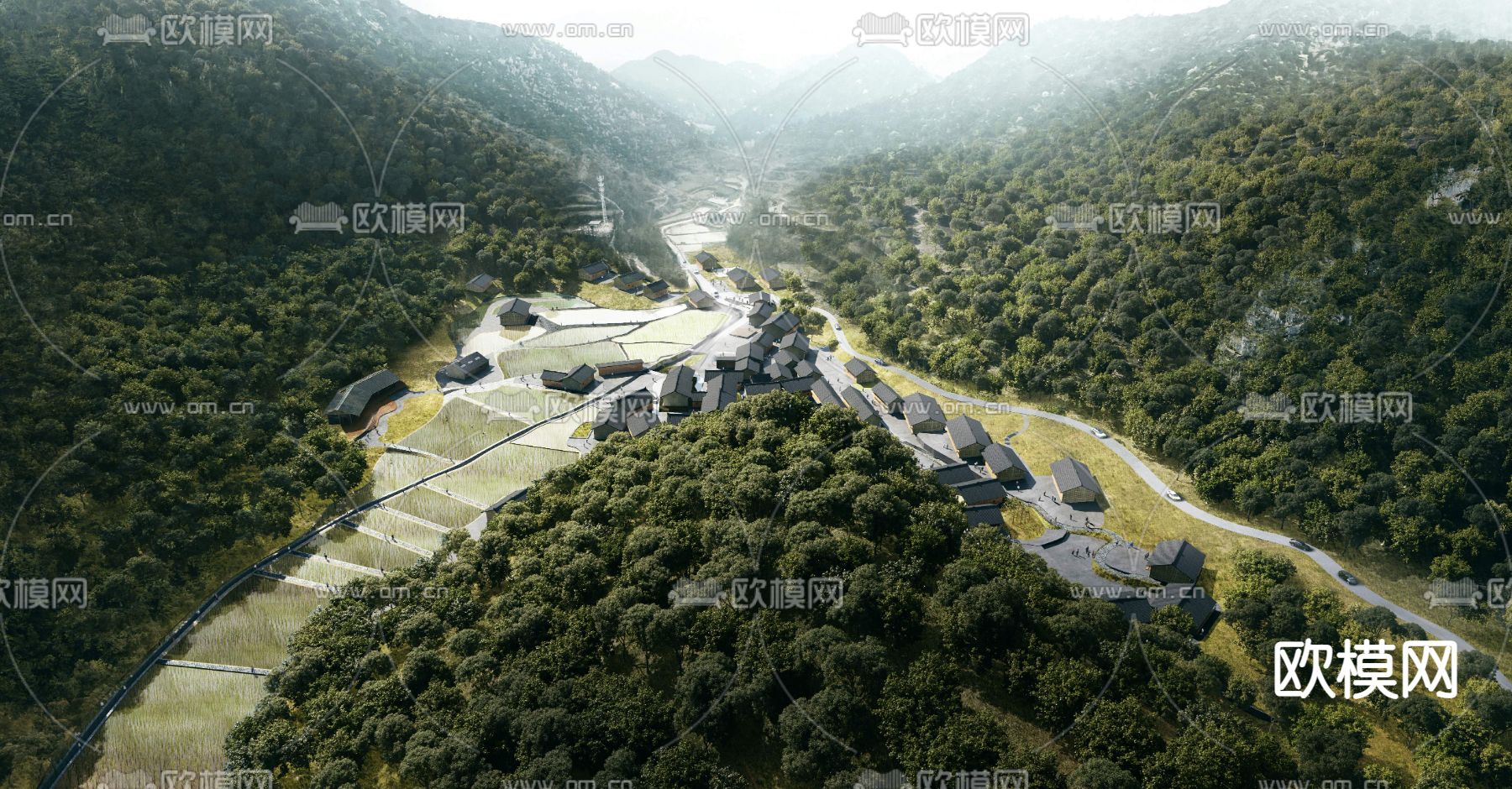 中式酒店鸟瞰规划3d模型下载