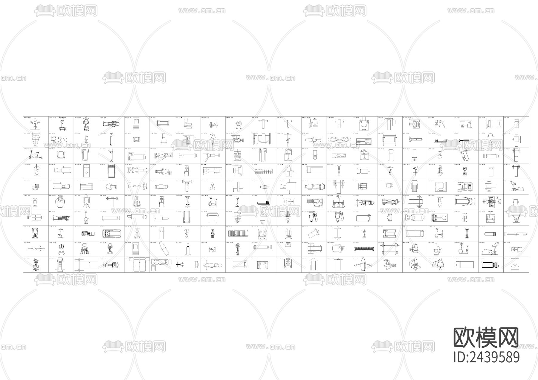 健身房器材平面带名称尺寸cad图库下载（渲染图1）