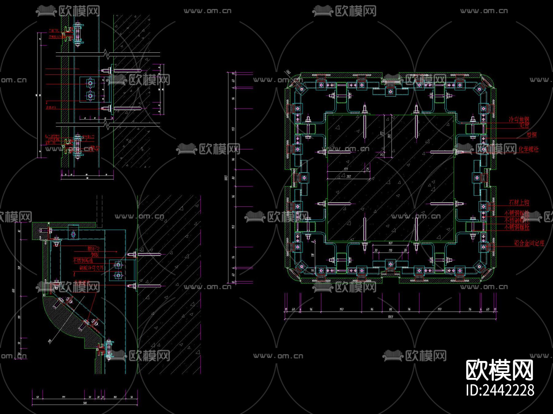 现代 花岗岩柱子 各种线脚干挂节点大样下载（渲染图1）