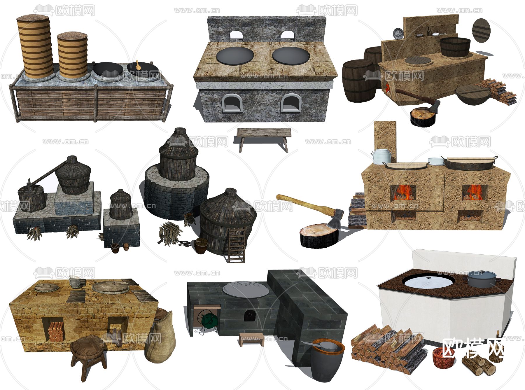 中式灶台 柴火灶su模型下载