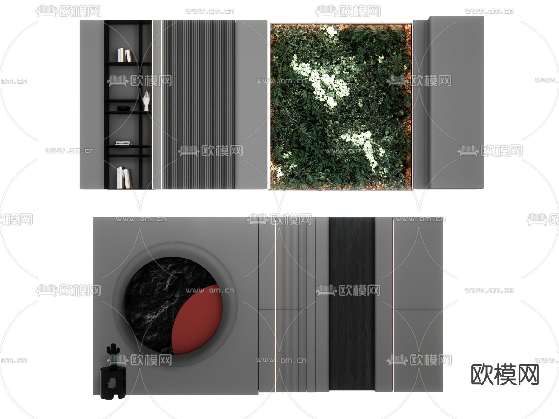 高级灰沙发背景墙su模型下载（渲染图1）
