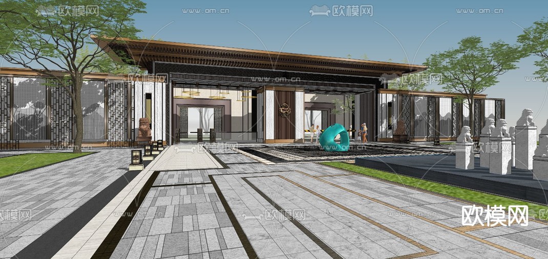 新中式小区入户门头 门面su模型下载_ID12271833_sketchup模型下载-欧模网