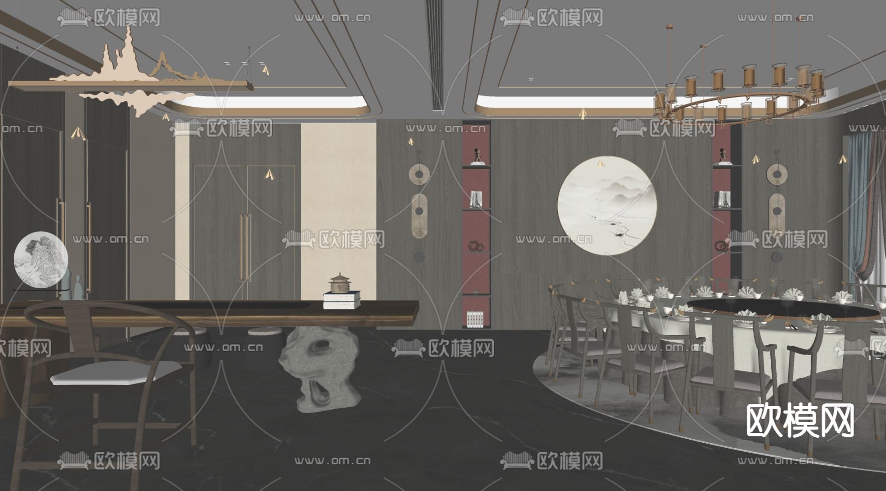 新中式中餐厅包厢su模型下载（渲染图2）
