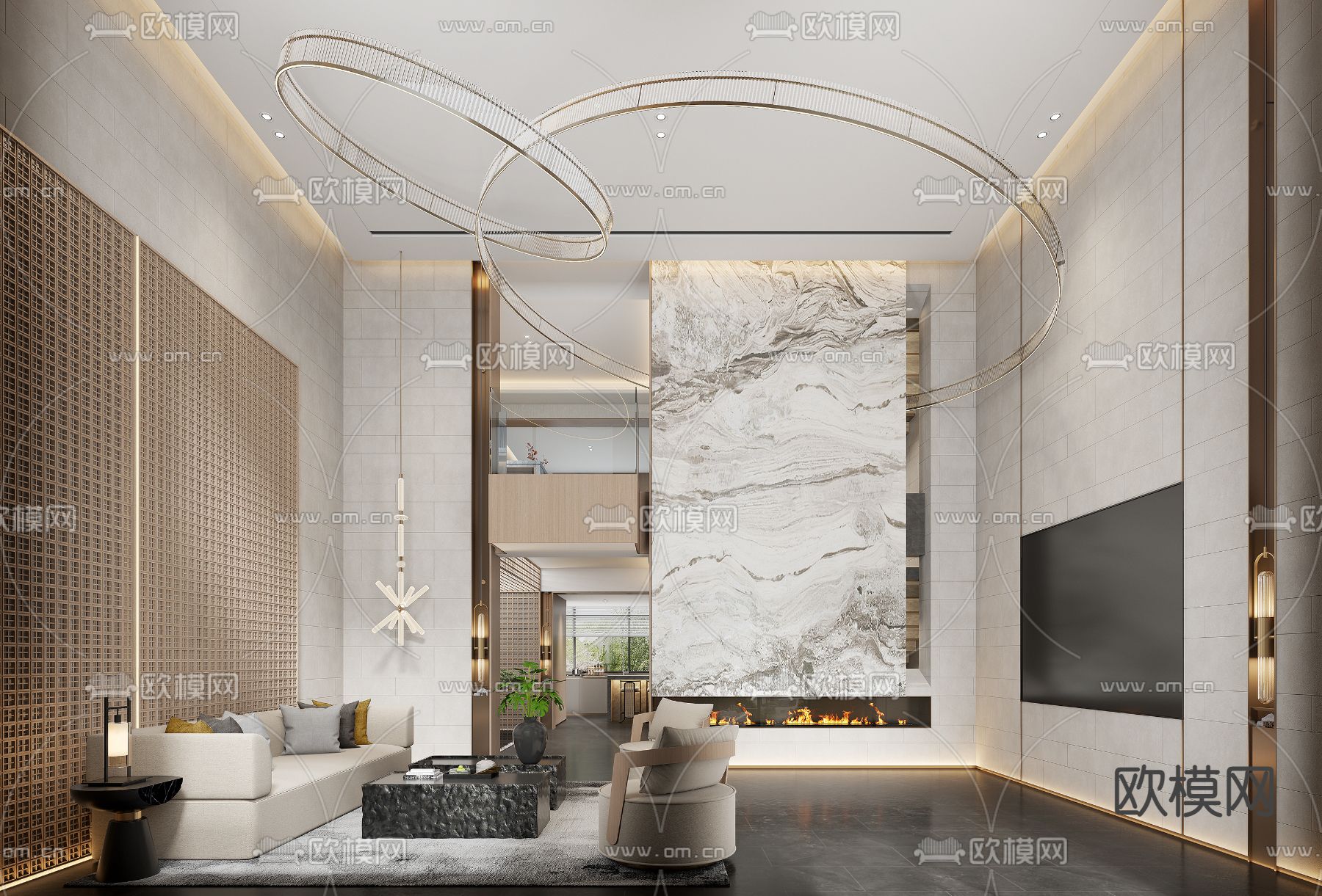 轻奢风别墅客厅3d模型下载（渲染图1）