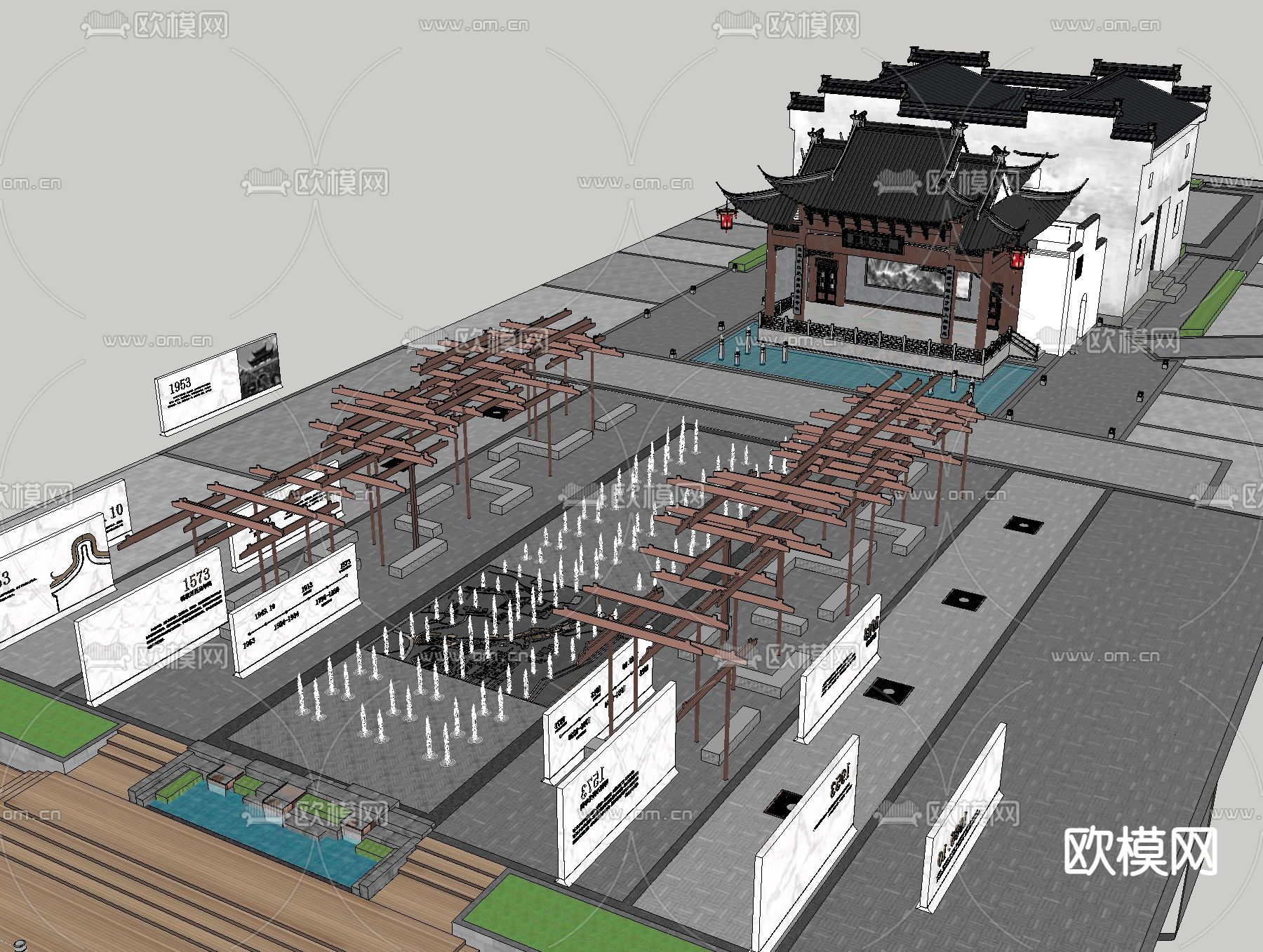 新中式戏台su模型下载（渲染图2）