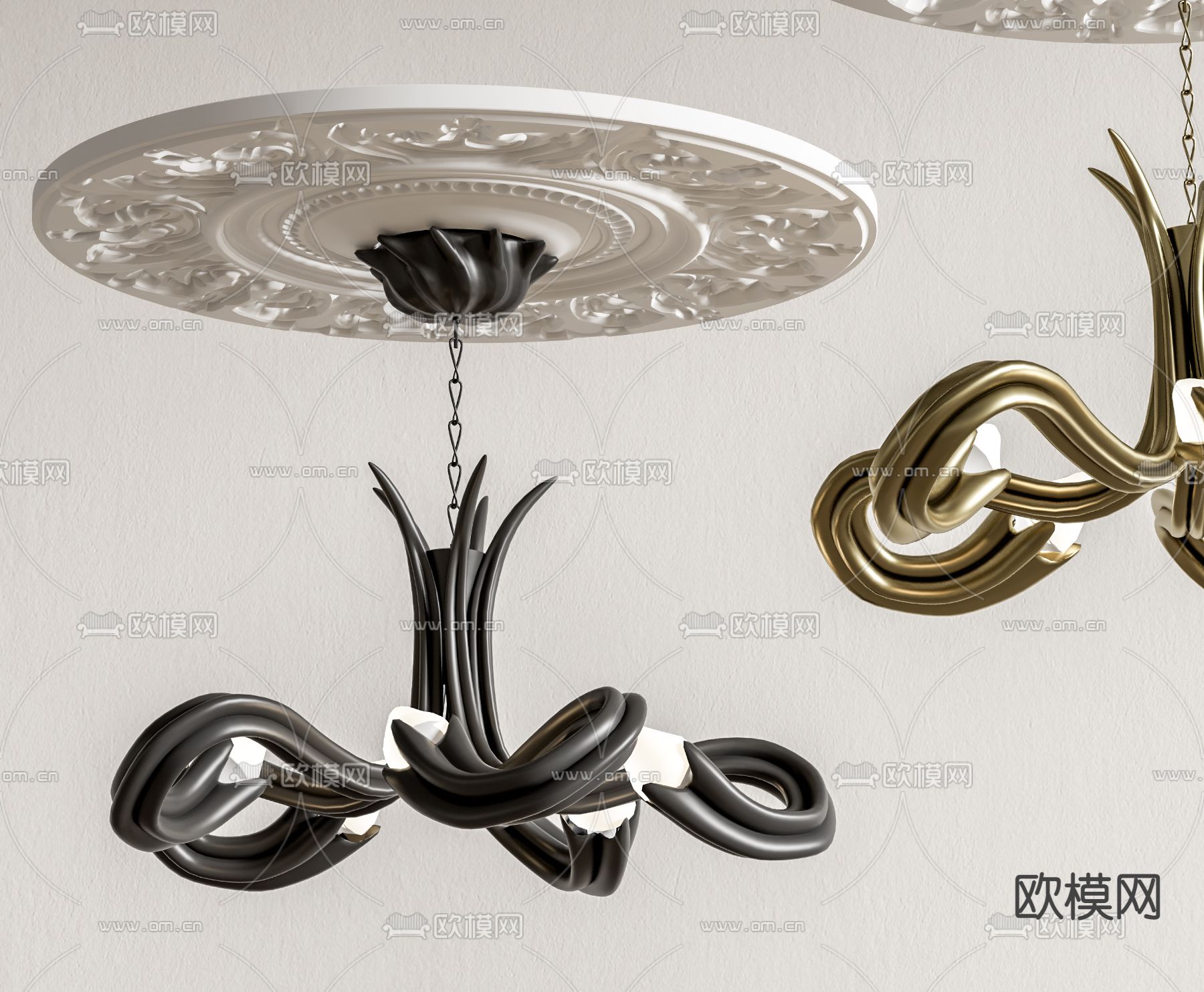 简欧金属吊灯 雕花灯盘su模型下载（渲染图1）