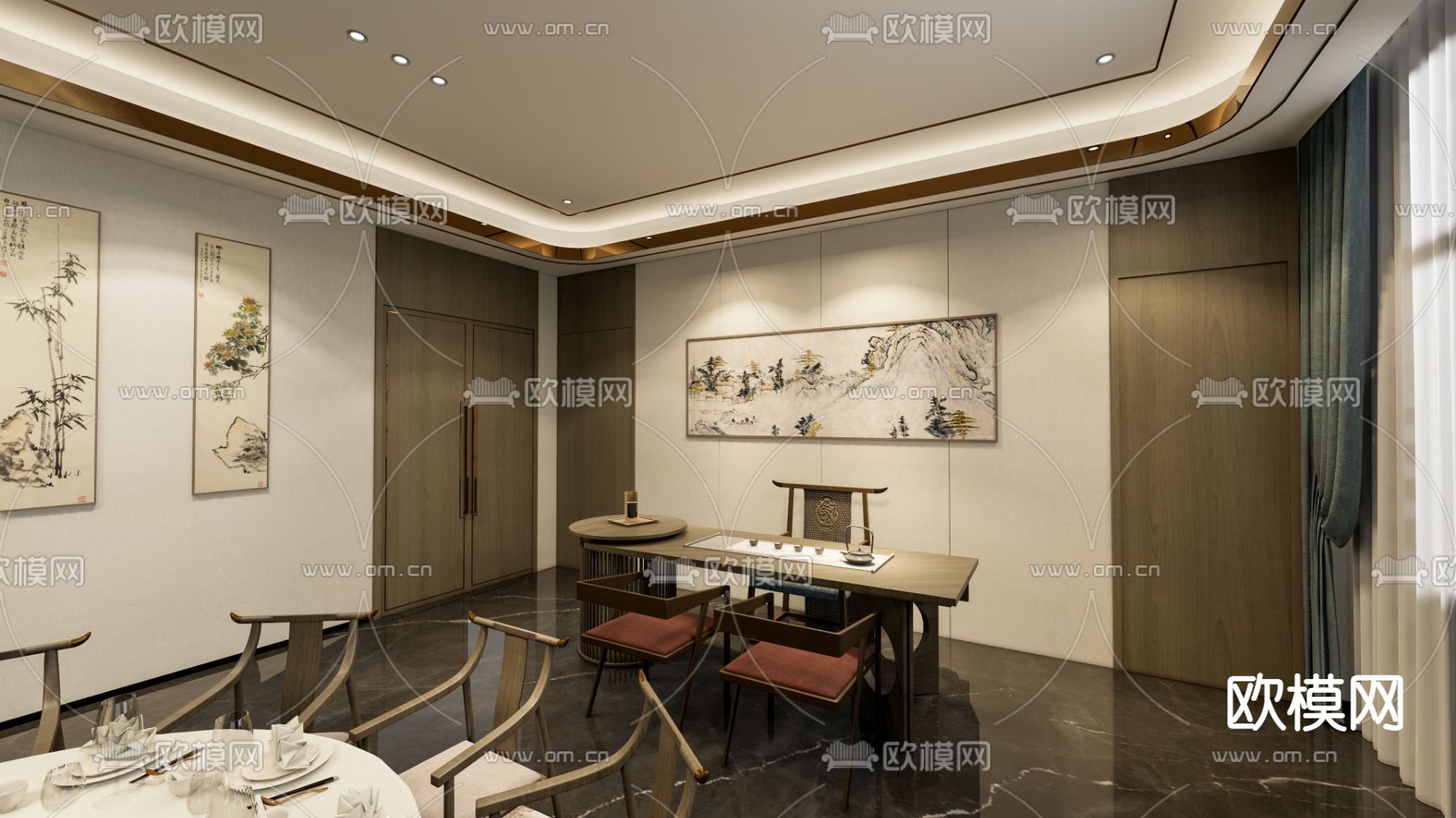 新中式中餐厅包厢su模型下载（渲染图3）