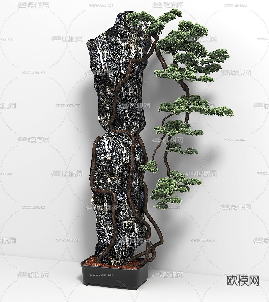 新中式假山松树盆栽3d模型下载