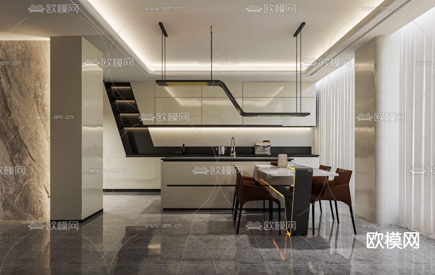 中岛餐厅 厨房免费3d模型下载（渲染图1）