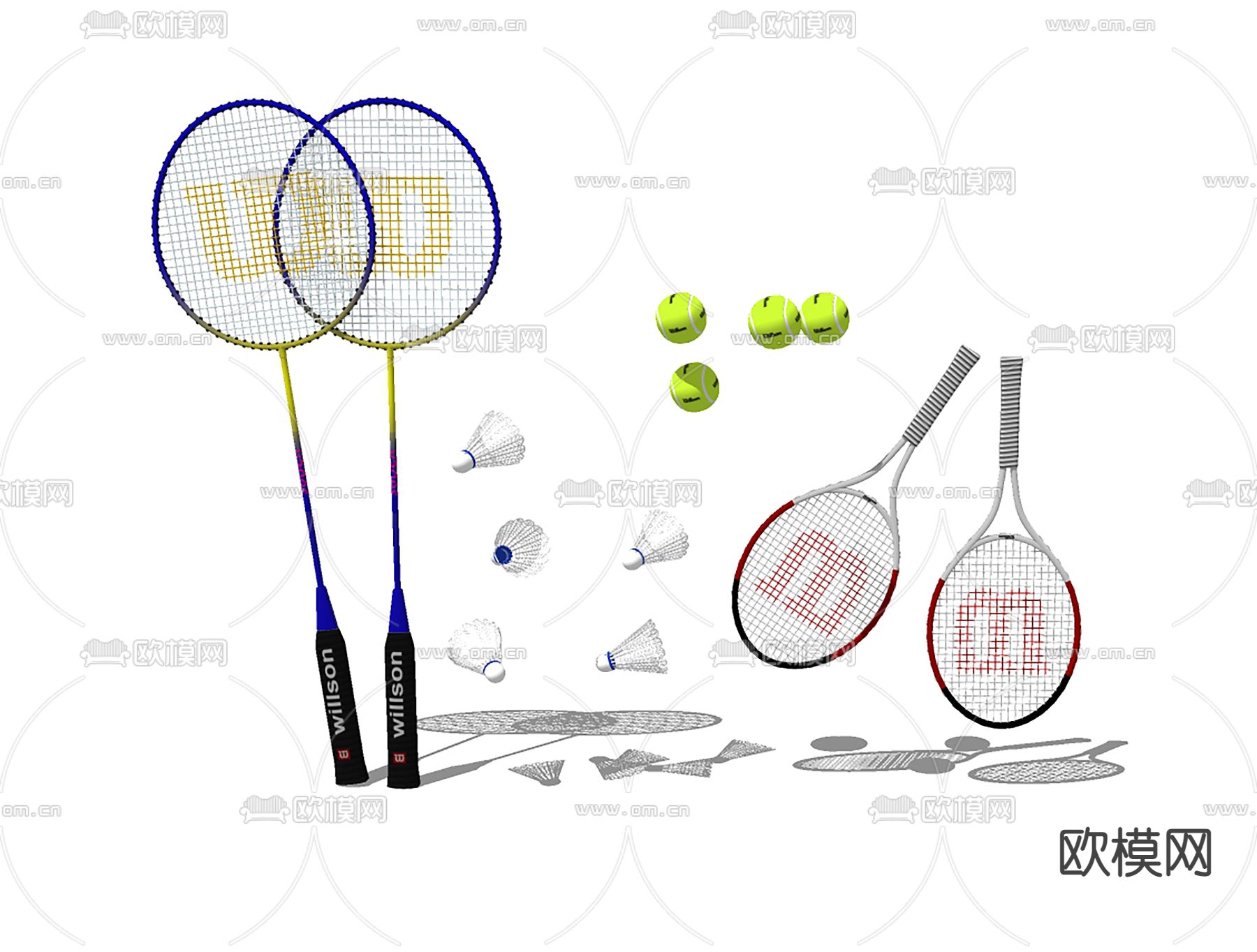 羽毛球 网球 球拍 运动器材su模型