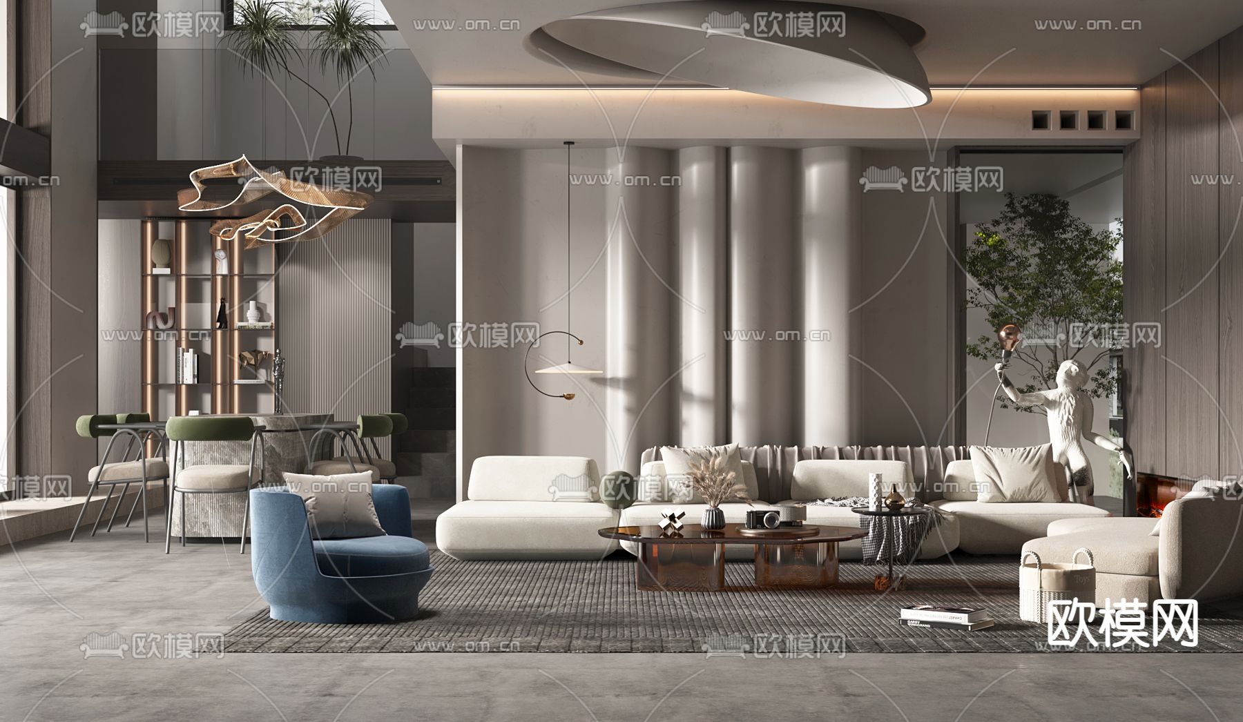 高级灰客餐厅3d模型下载（渲染图1）