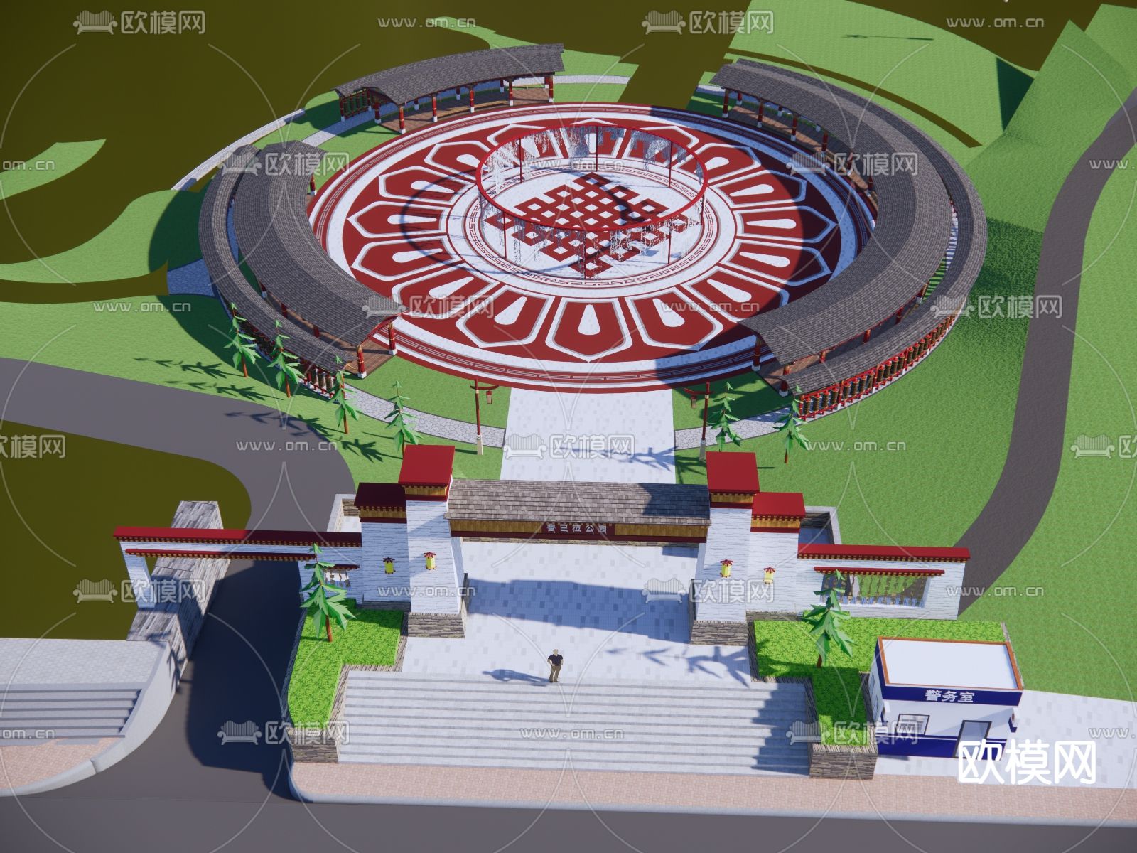 中式户外景观 广场景观su模型下载（渲染图3）